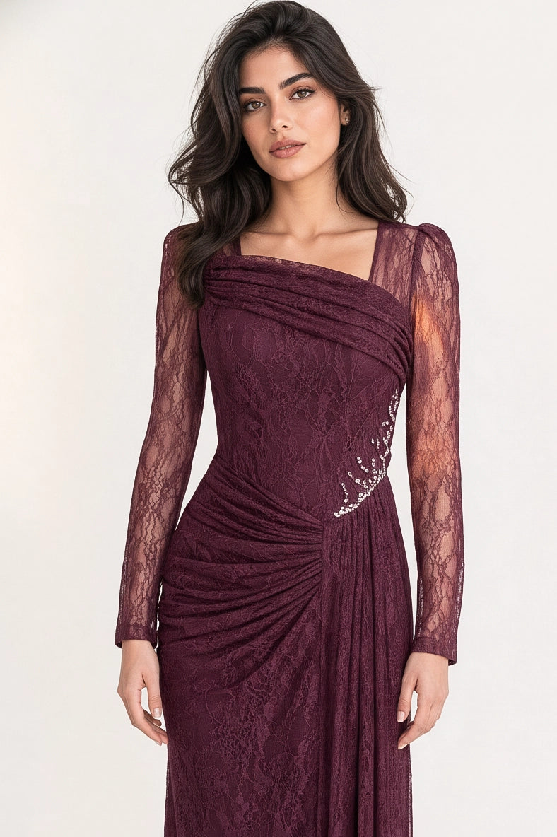 Draped Bust Beaded Waist Dantel Dress