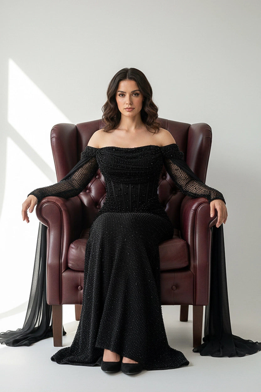 Corset Off Shoulder Pearls Sequins Tulle Dress