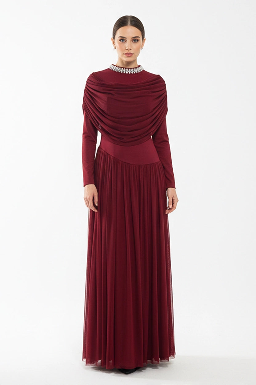 Cowl Bust High Neck Tulle Dress