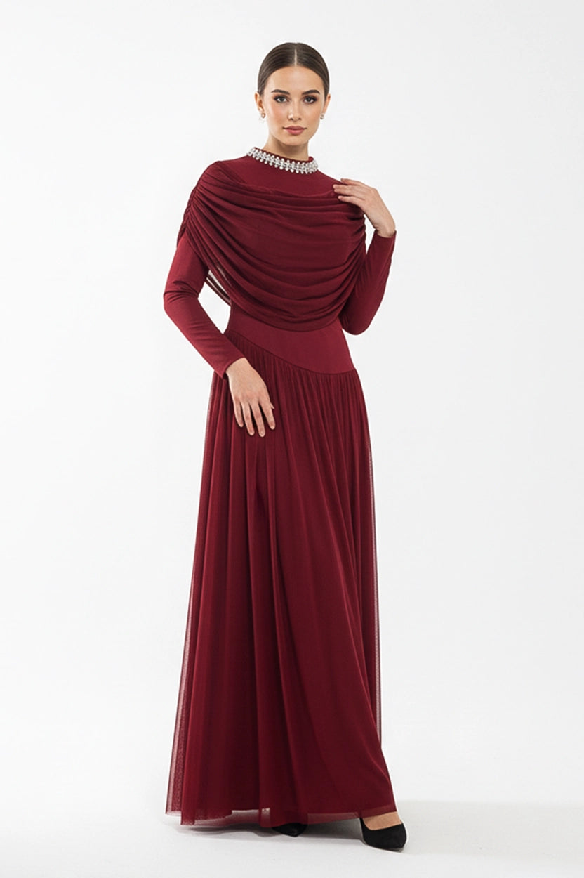 Cowl Bust High Neck Tulle Dress