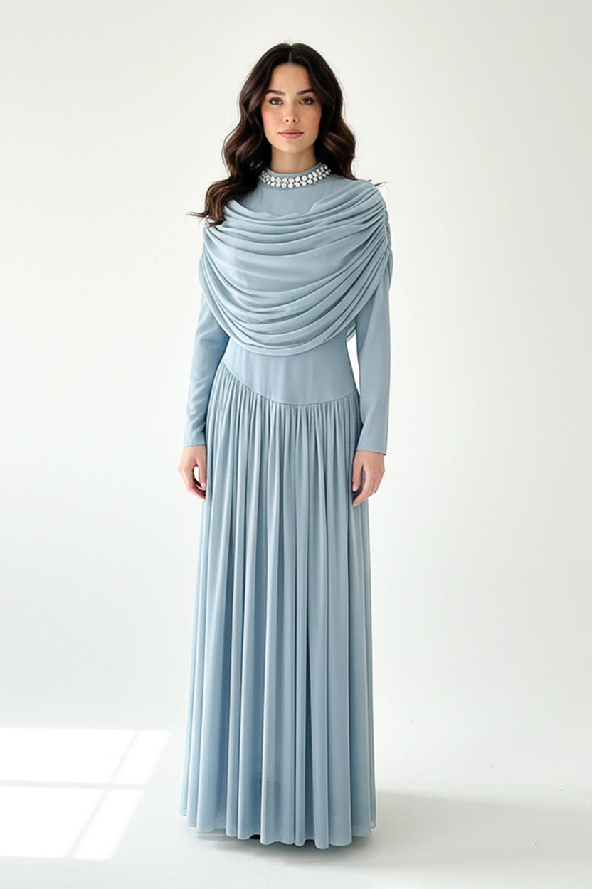 Cowl Bust High Neck Tulle Dress