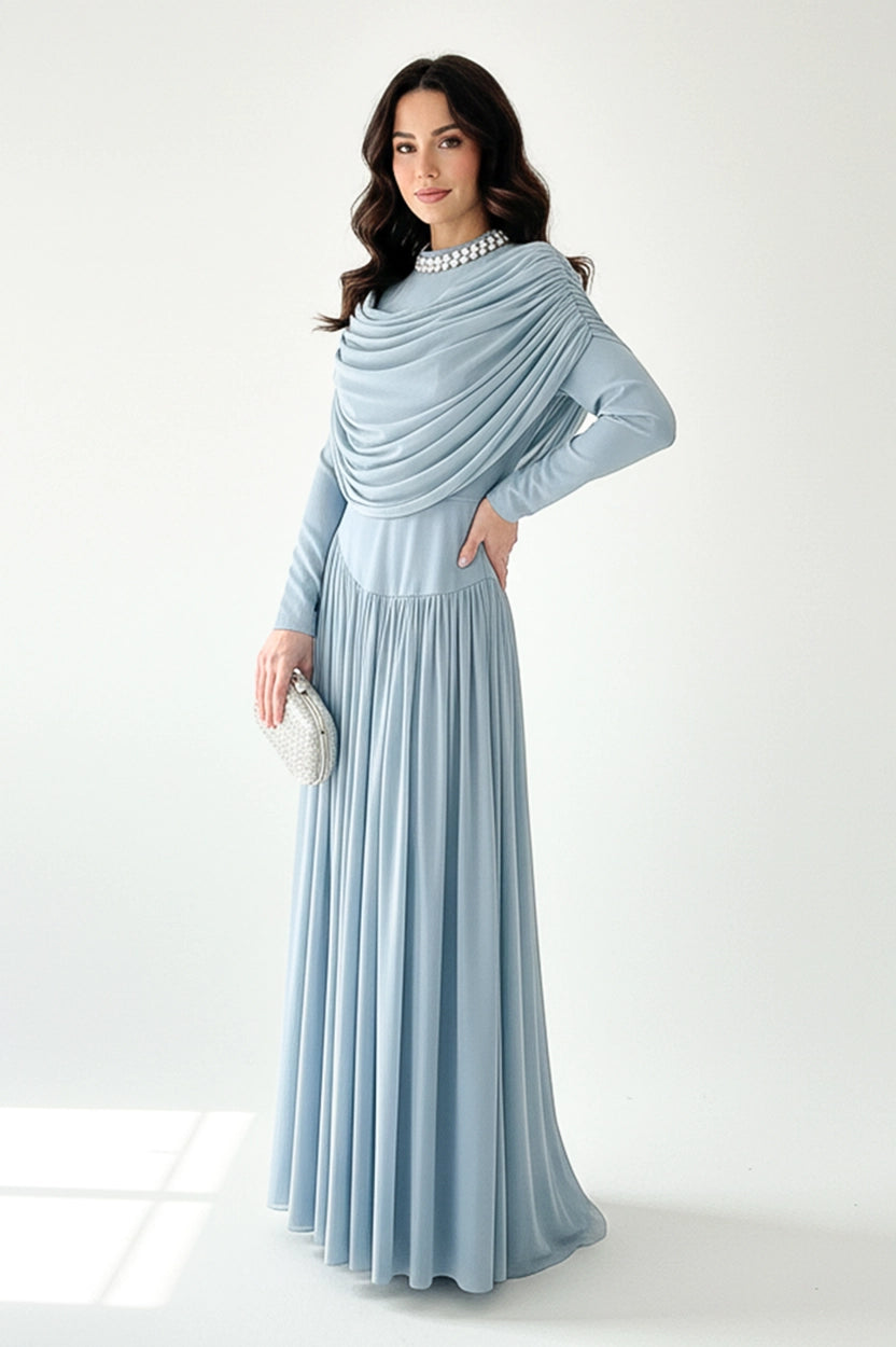 Cowl Bust High Neck Tulle Dress