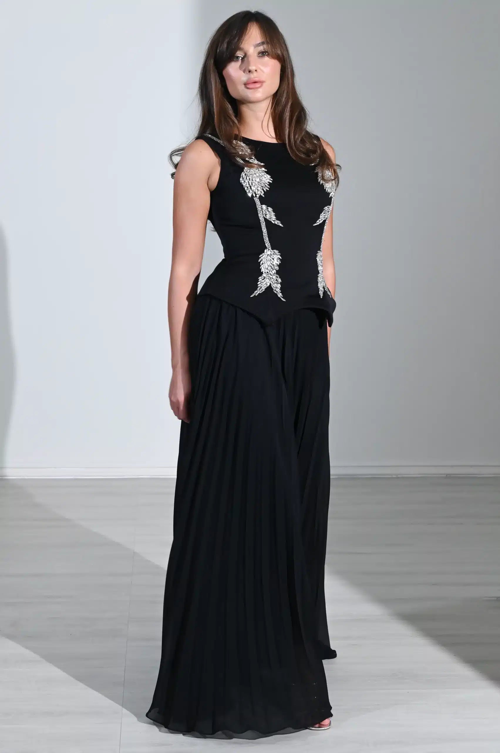 Crystal Detail Plisse Chiffon Dress