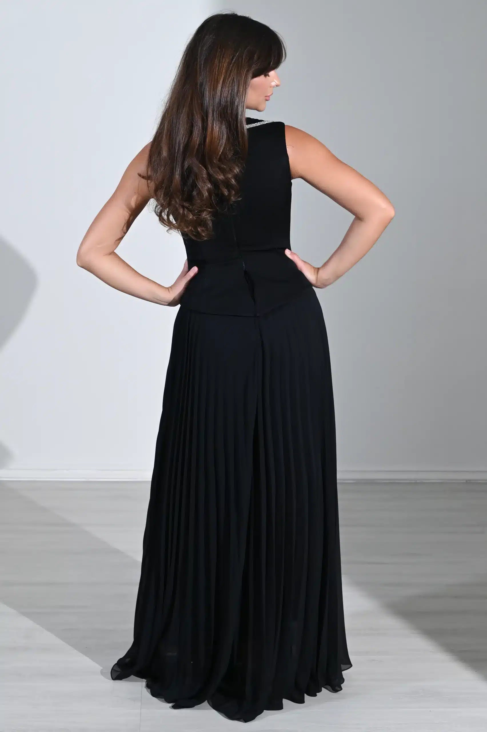 Crystal Detail Plisse Chiffon Dress