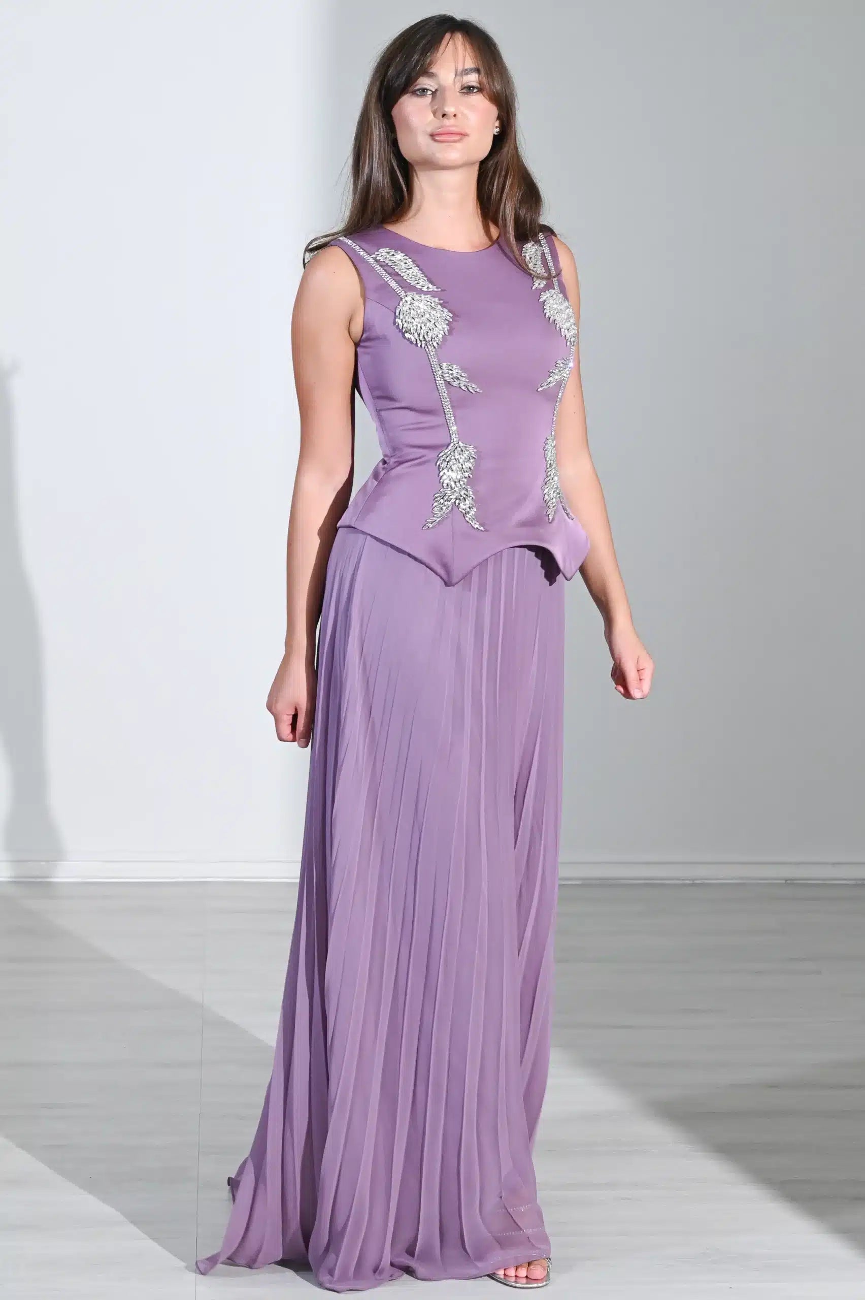 Crystal Detail Plisse Chiffon Dress