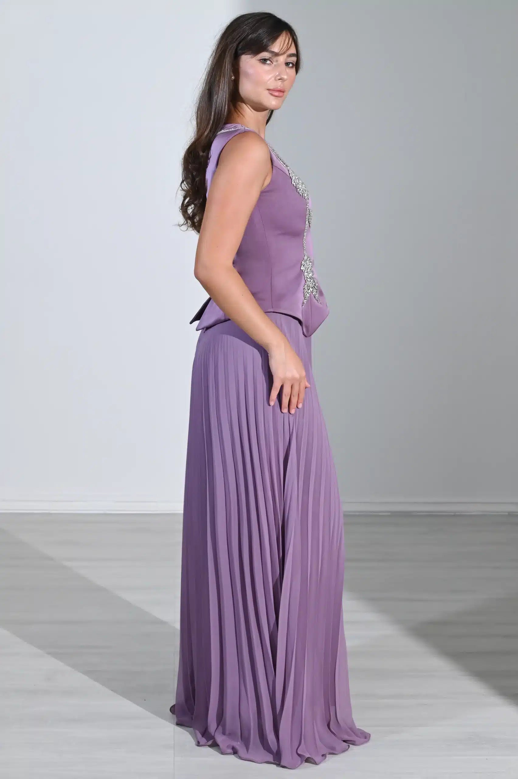 Crystal Detail Plisse Chiffon Dress