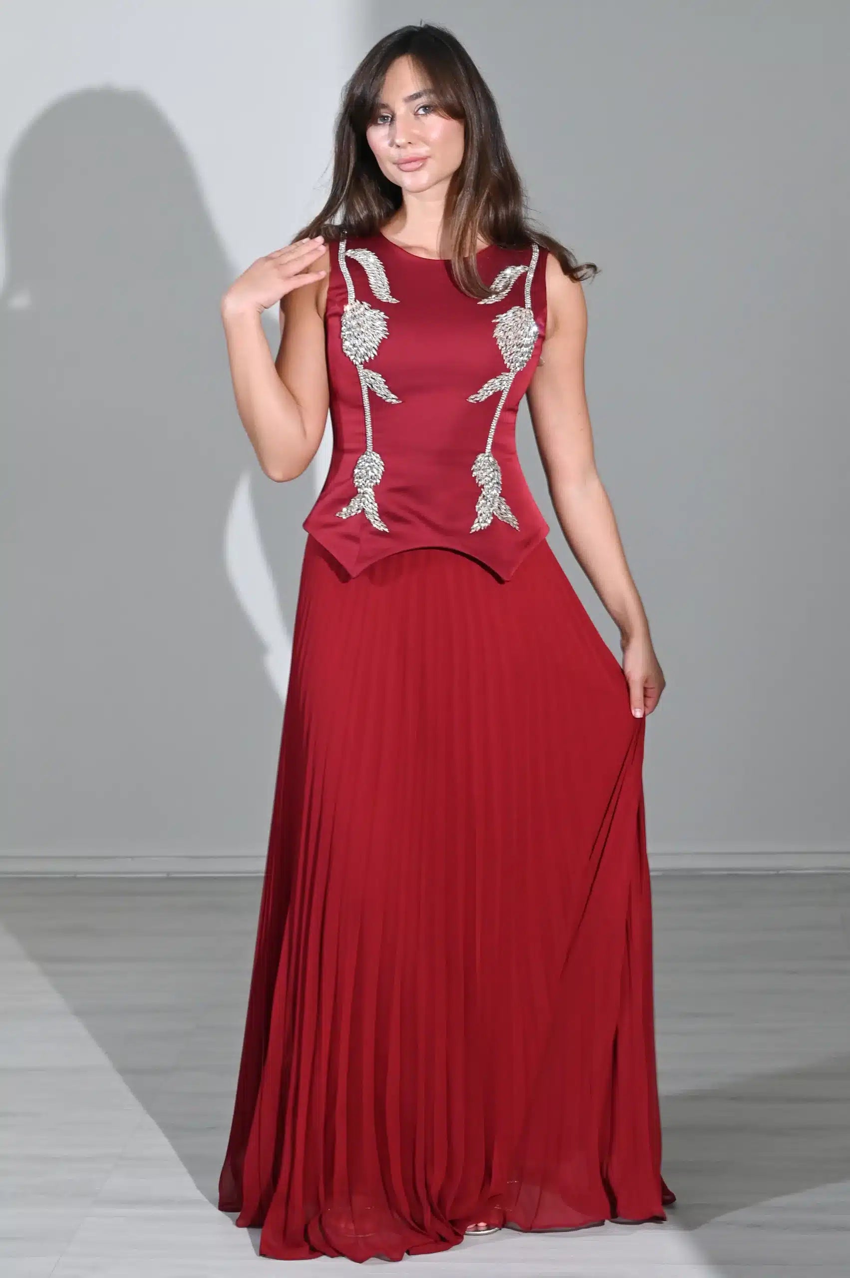 Crystal Detail Plisse Chiffon Dress