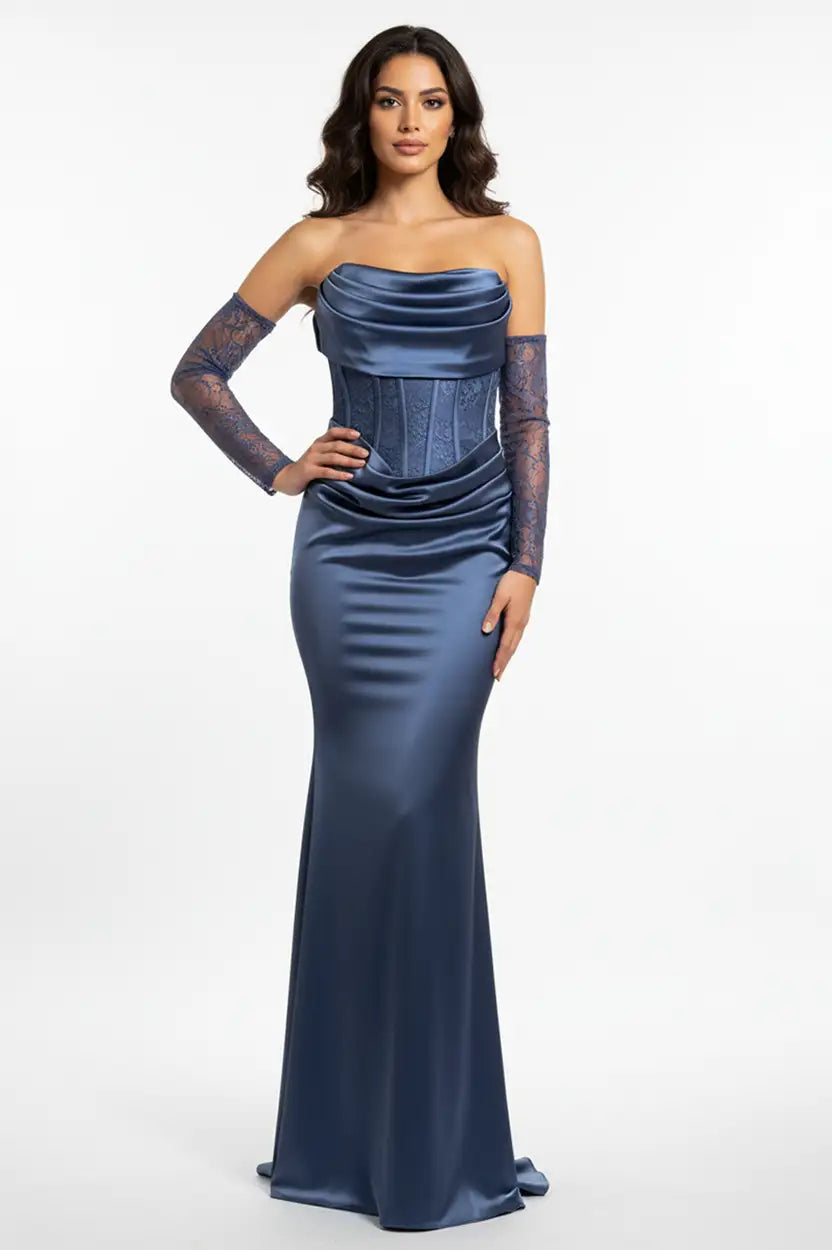 Detailed Corset Dantel Satin Dress