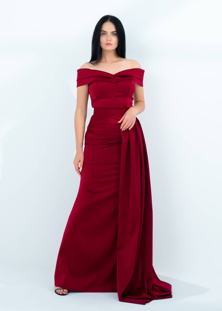 Off Shoulder Draped Satin Dress