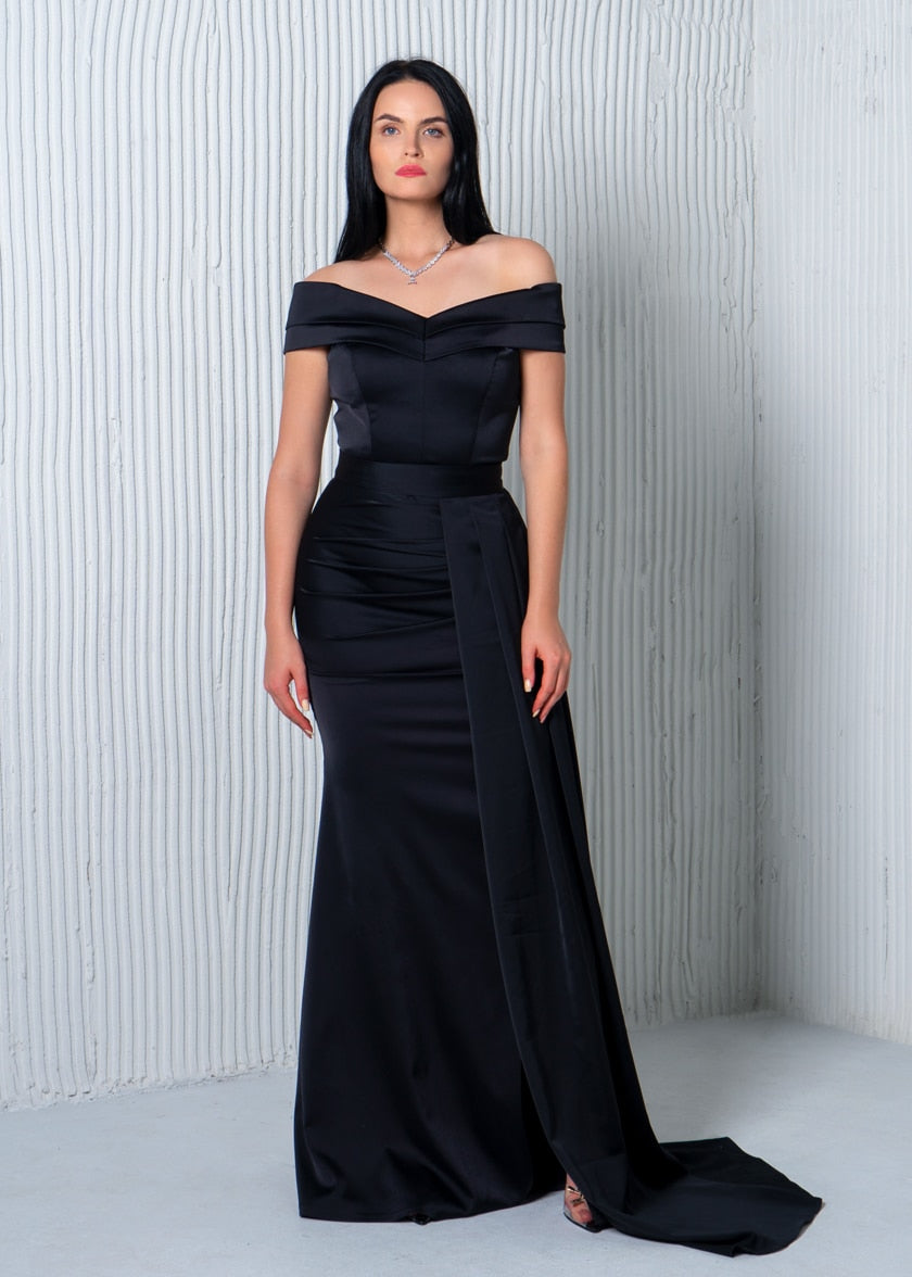 Off Shoulder Draped Satin Dress