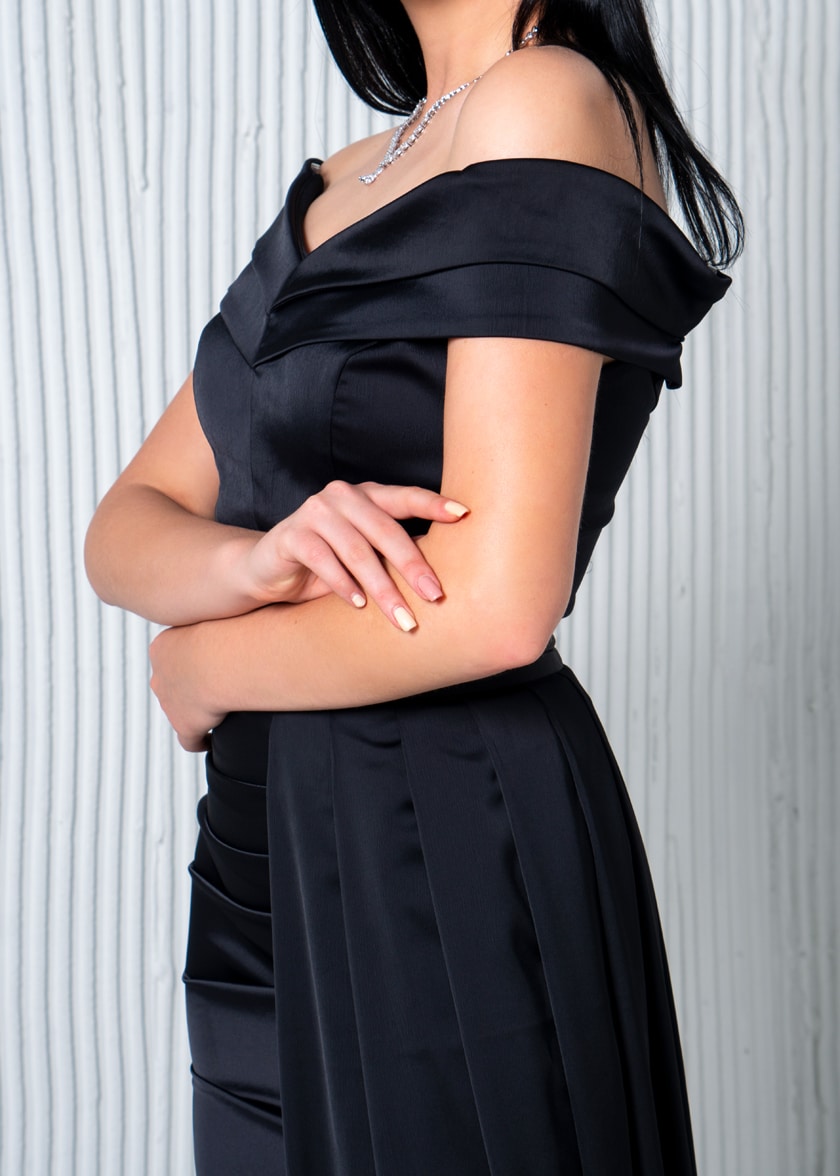Off Shoulder Draped Satin Dress