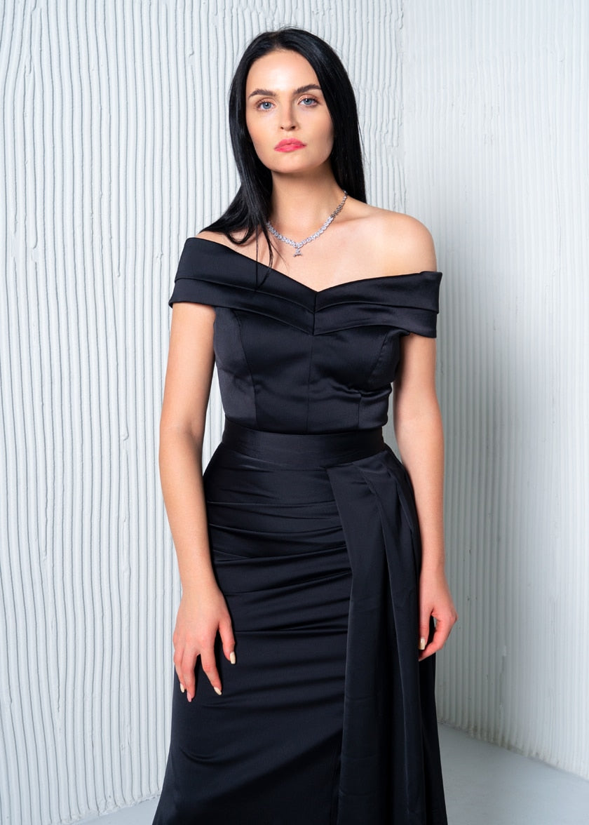 Off Shoulder Draped Satin Dress
