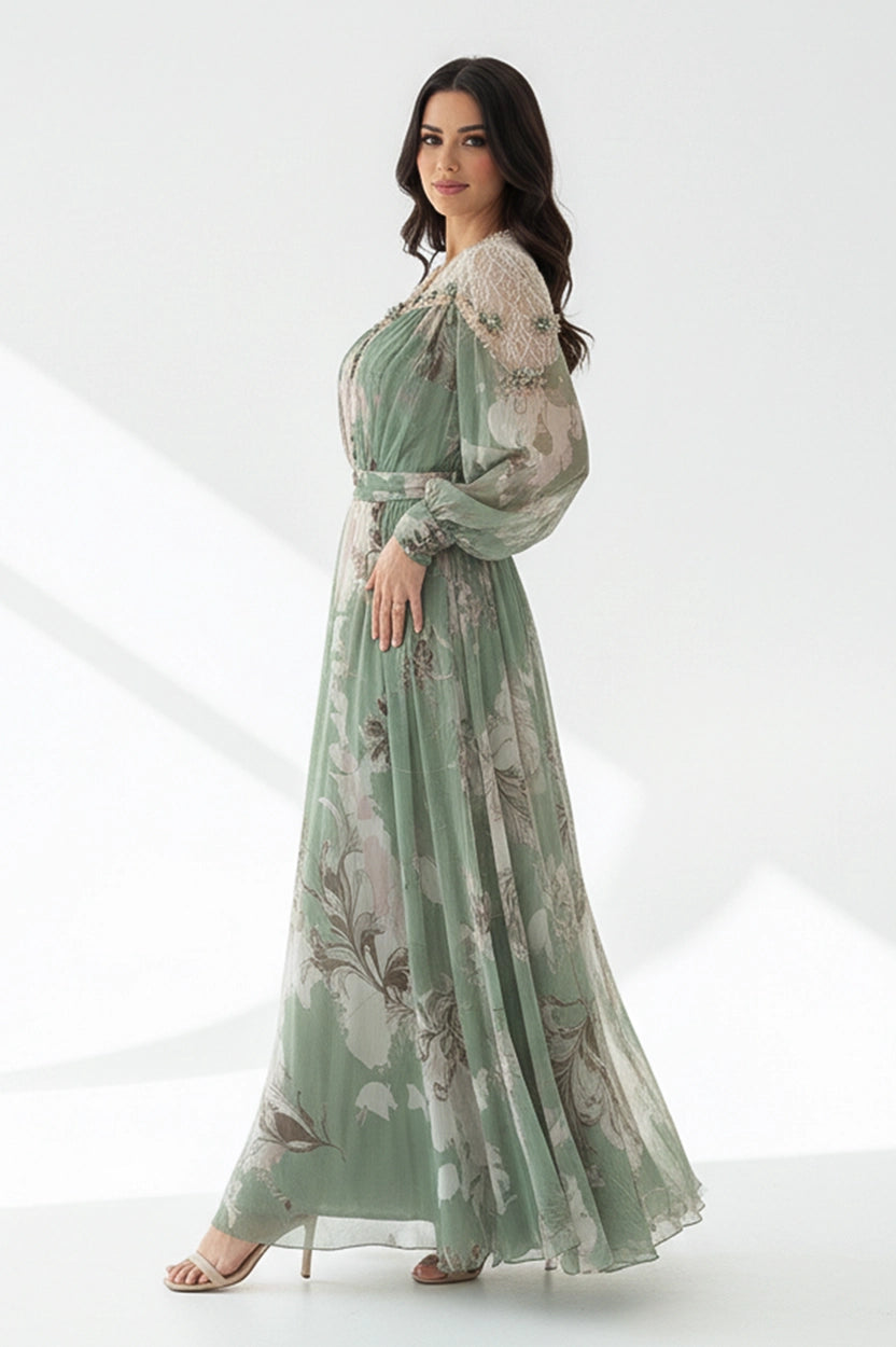 Dantel Shoulder Floral Chiffon Dress