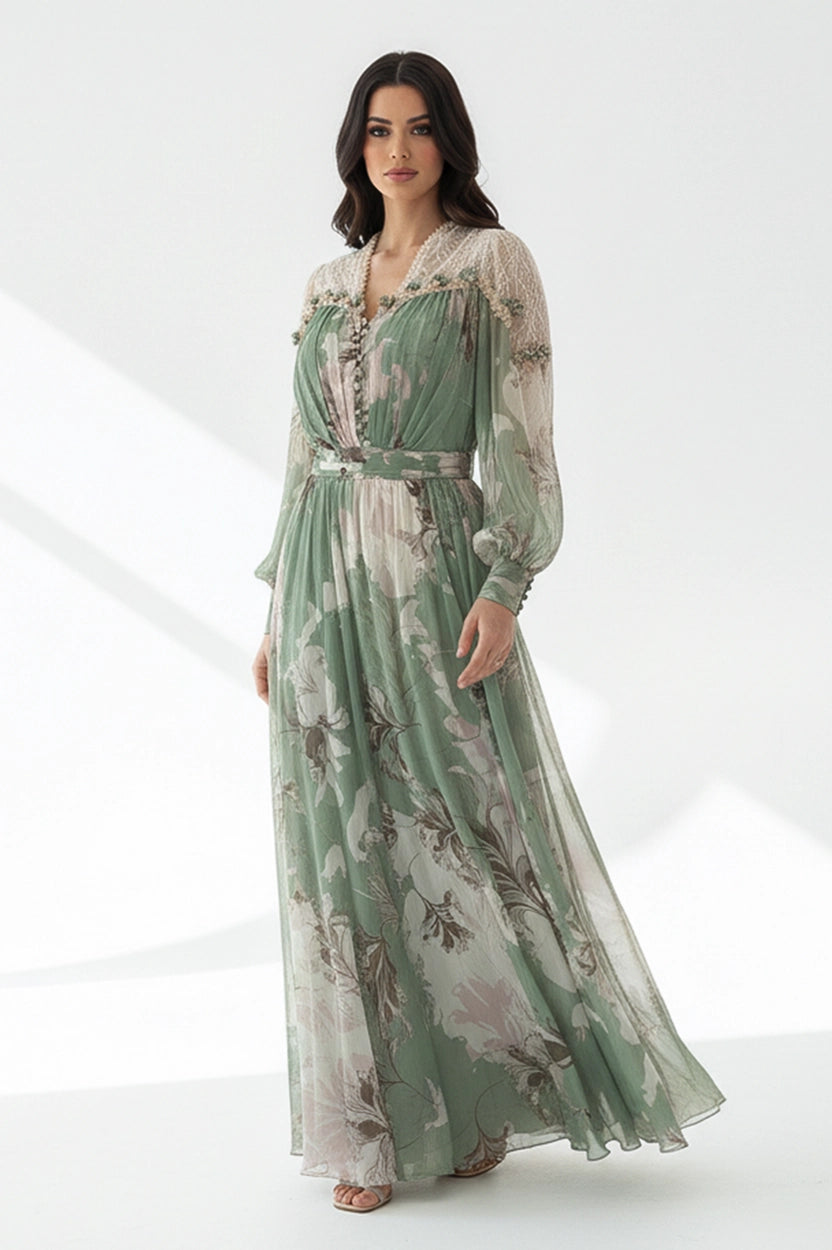 Dantel Shoulder Floral Chiffon Dress