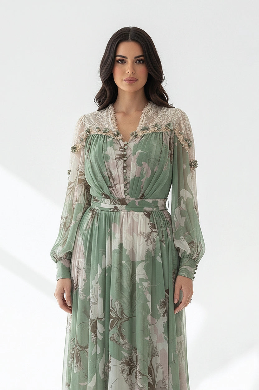 Dantel Shoulder Floral Chiffon Dress