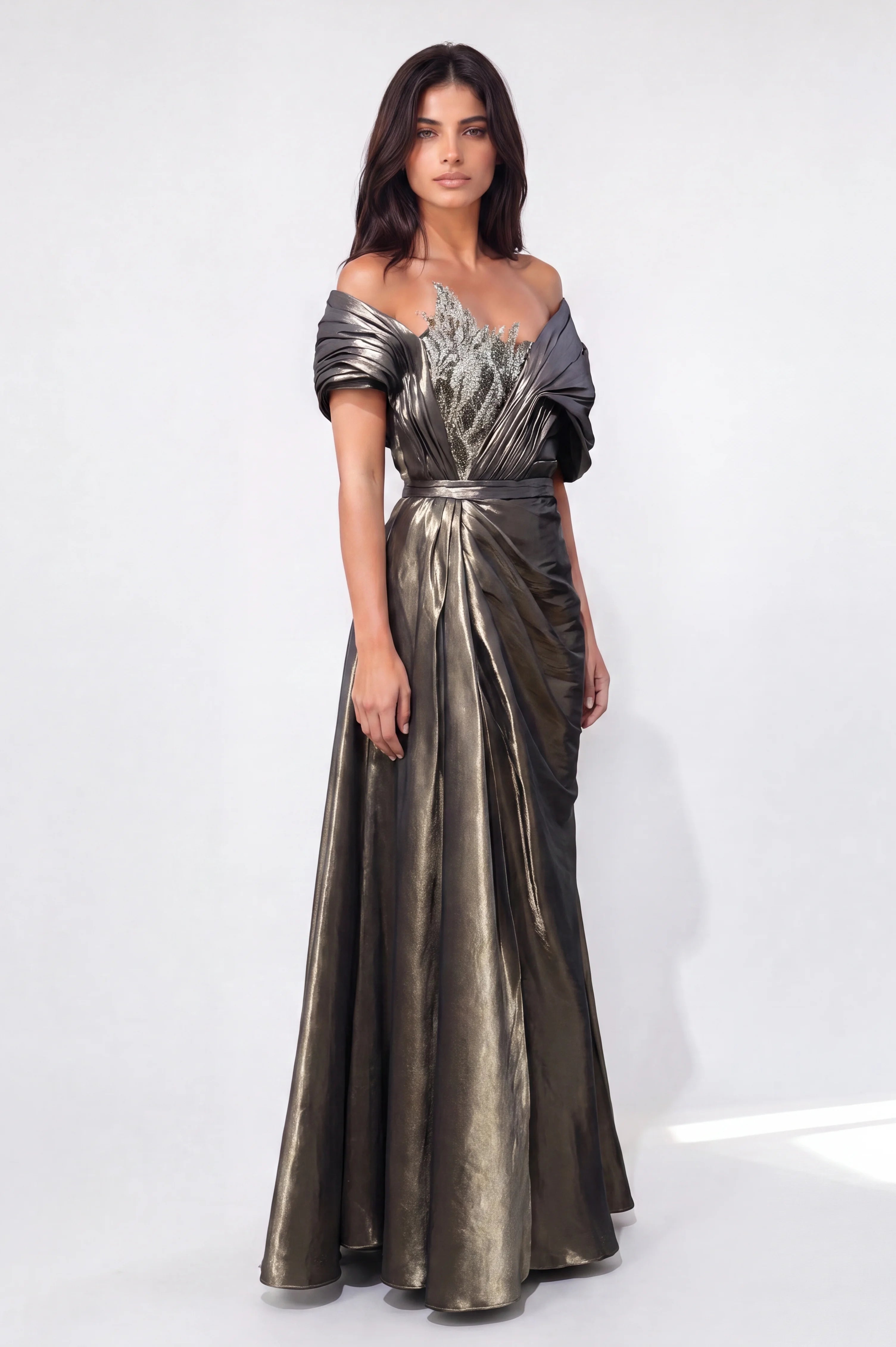 Detailed Sequin Bust Taffeta Dress