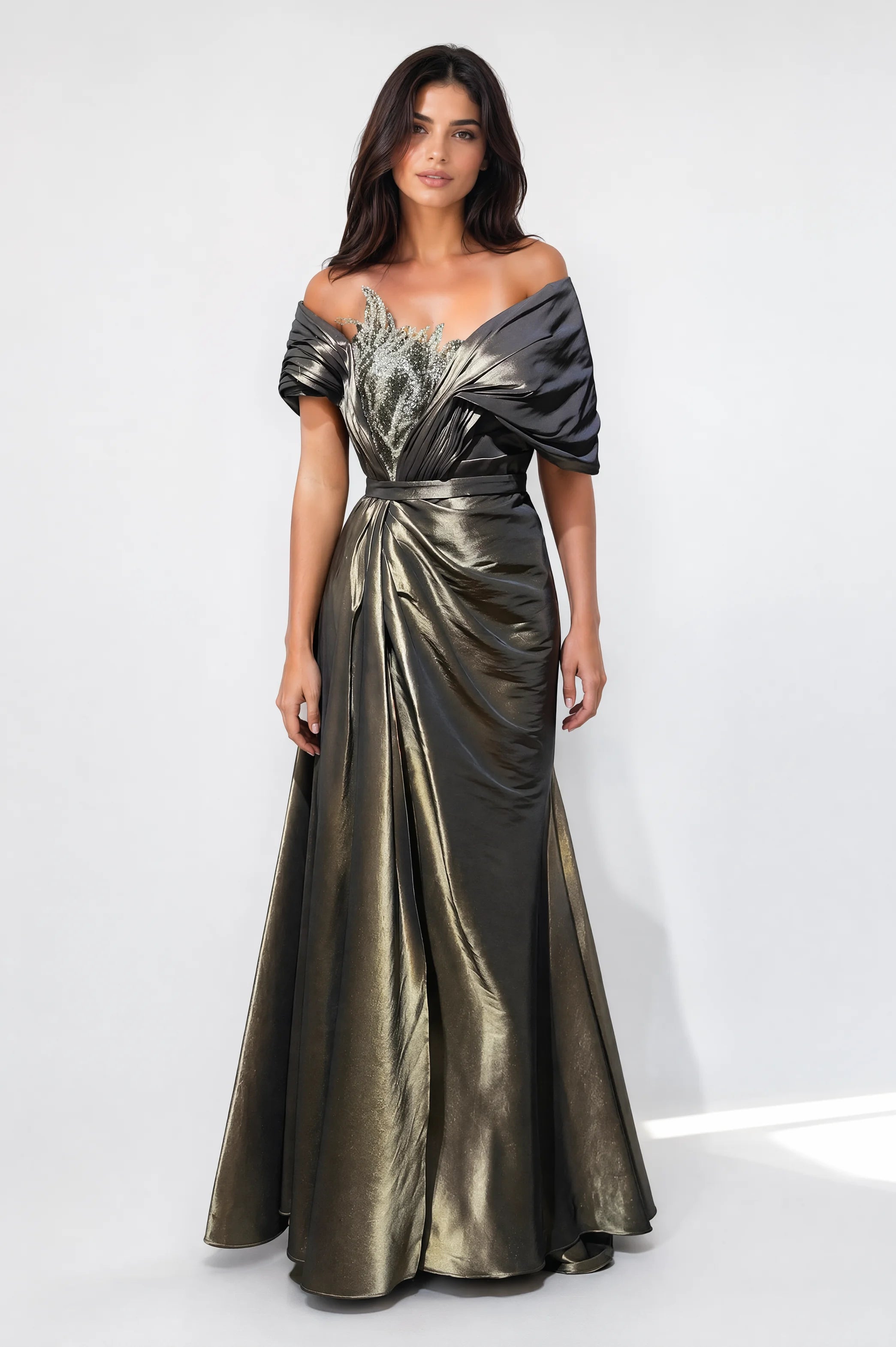Detailed Sequin Bust Taffeta Dress