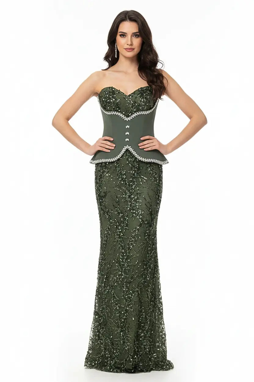 Detailed Corset Sequin 2 PCS Dantel Dress