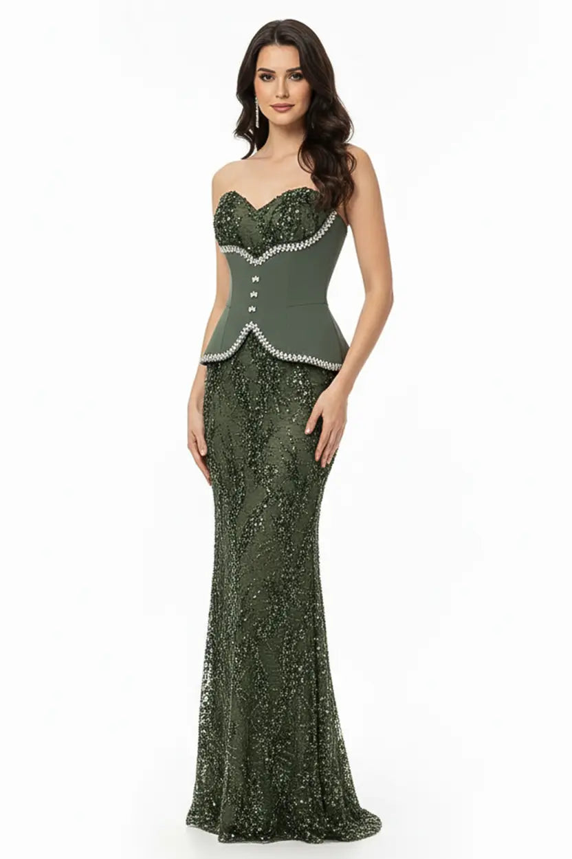 Detailed Corset Sequin 2 PCS Dantel Dress