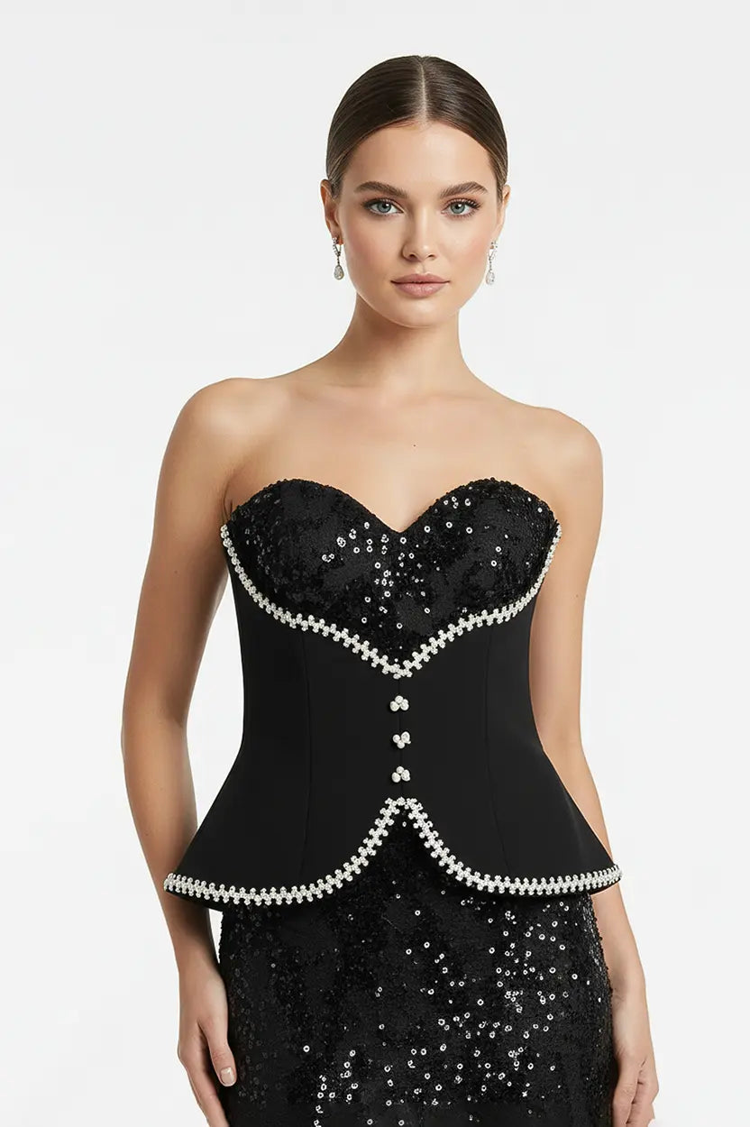 Detailed Corset Sequin 2 PCS Dantel Dress