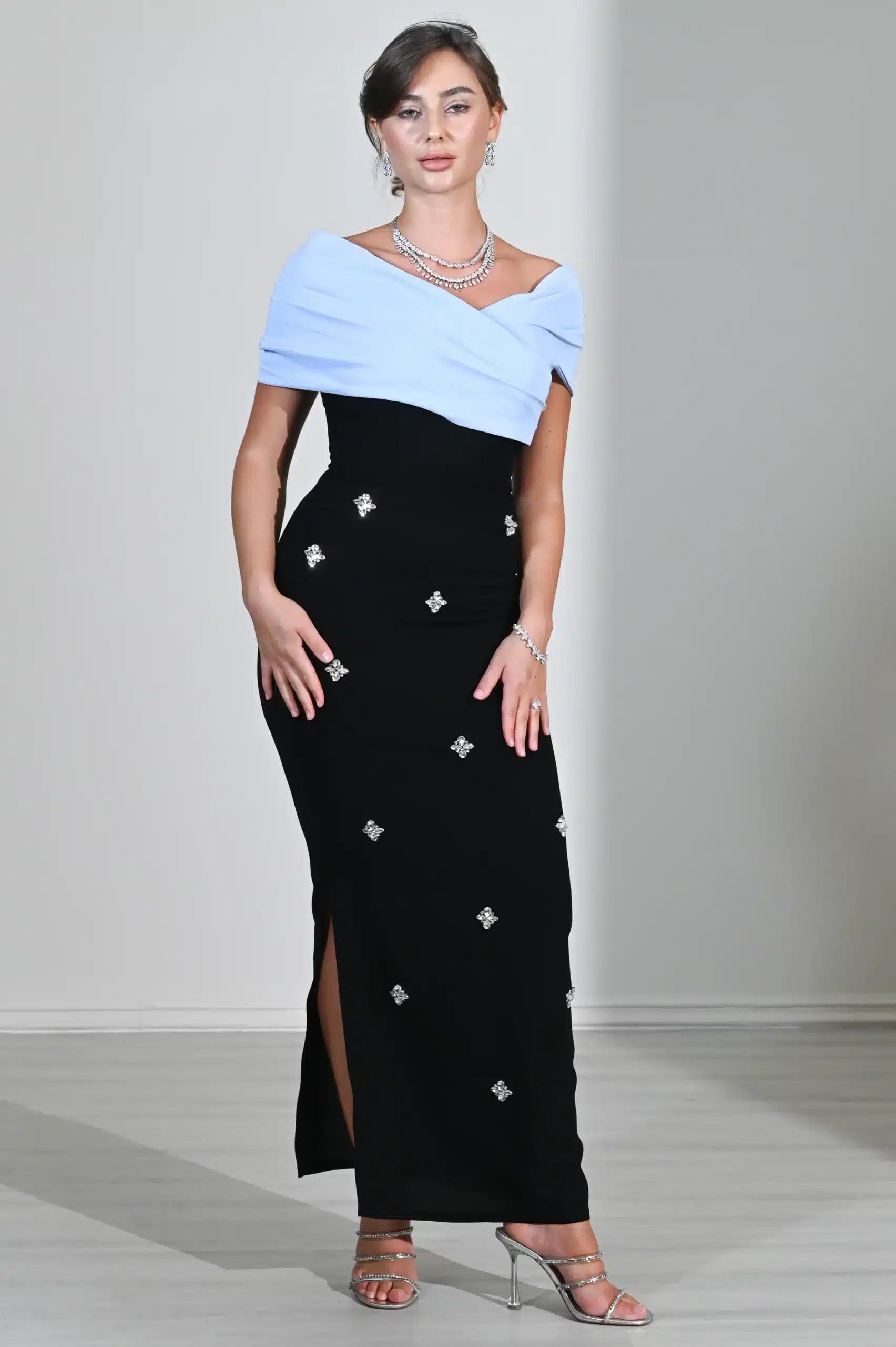 Draped Cross Bust Beaded Crepe Dress