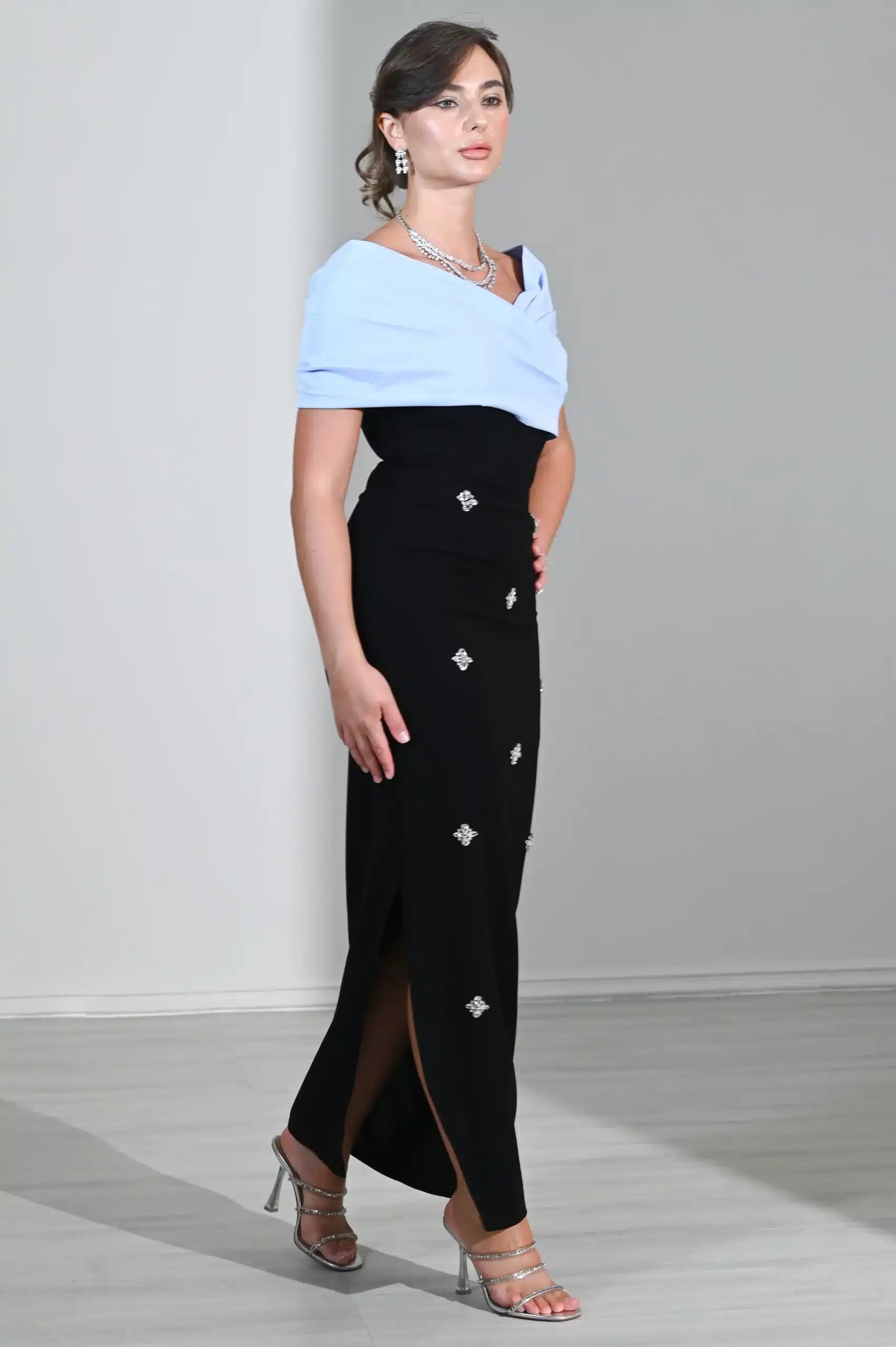Draped Cross Bust Beaded Crepe Dress