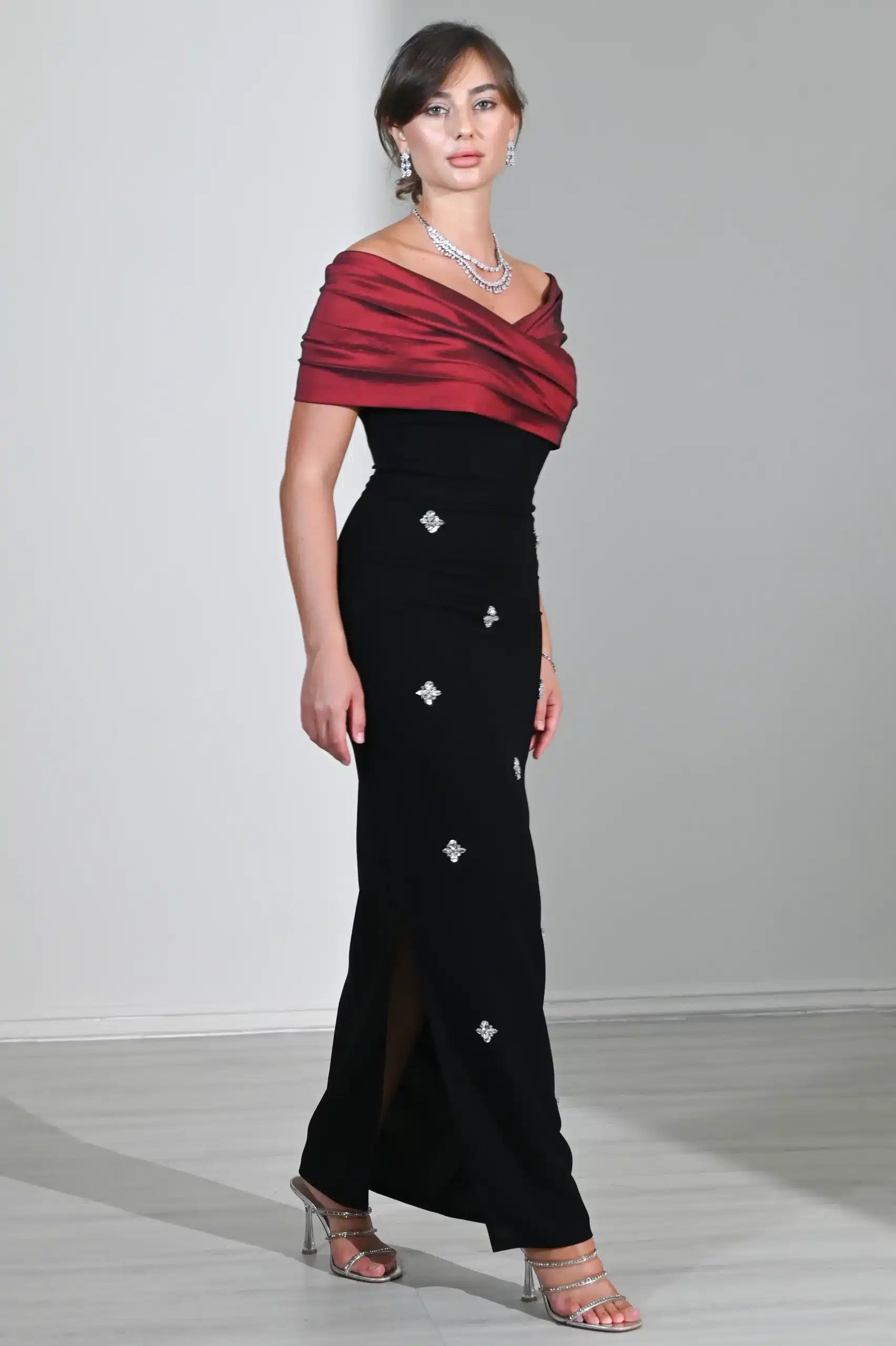 Draped Cross Bust Beaded Crepe Dress