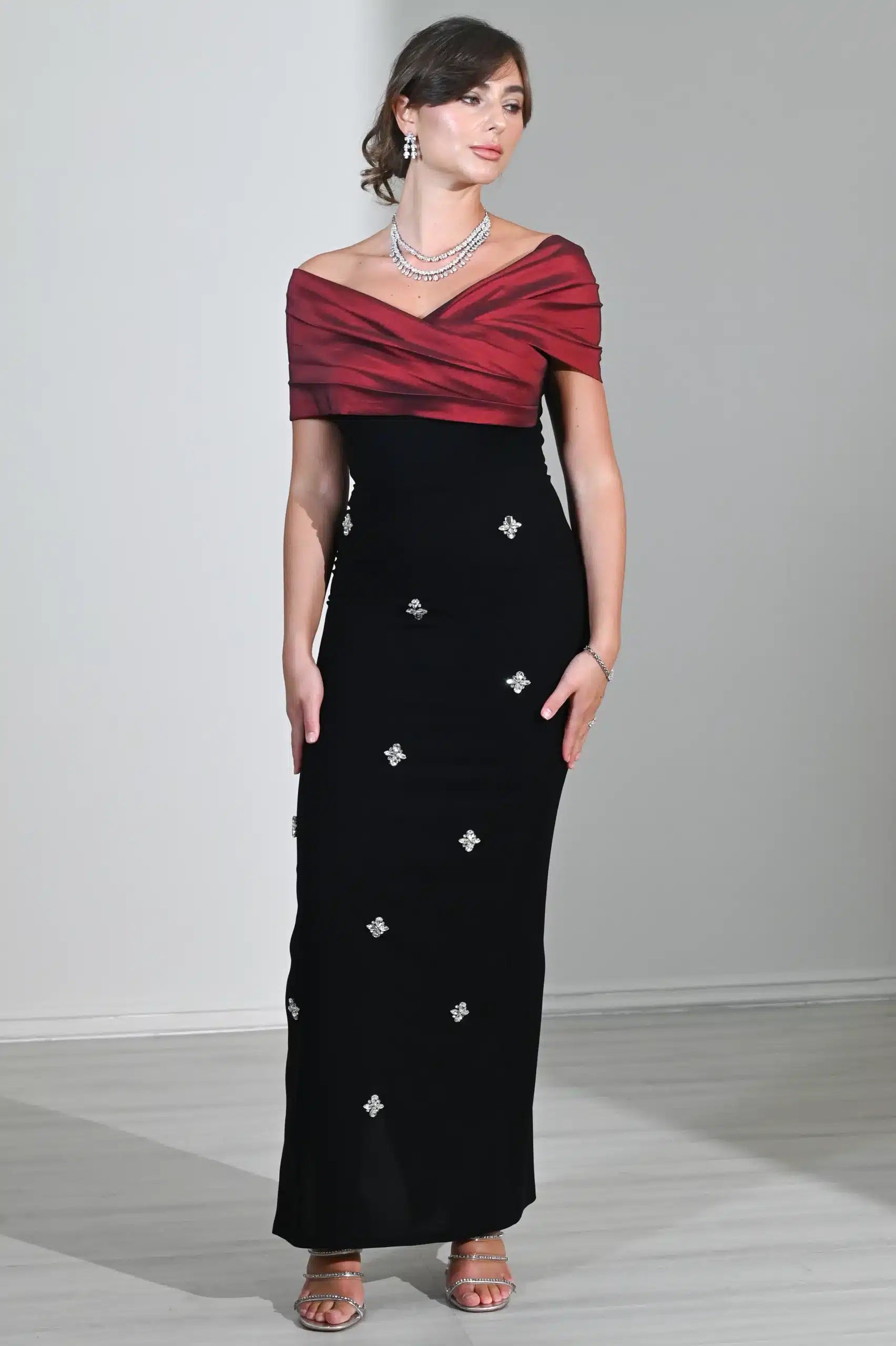 Draped Cross Bust Beaded Crepe Dress