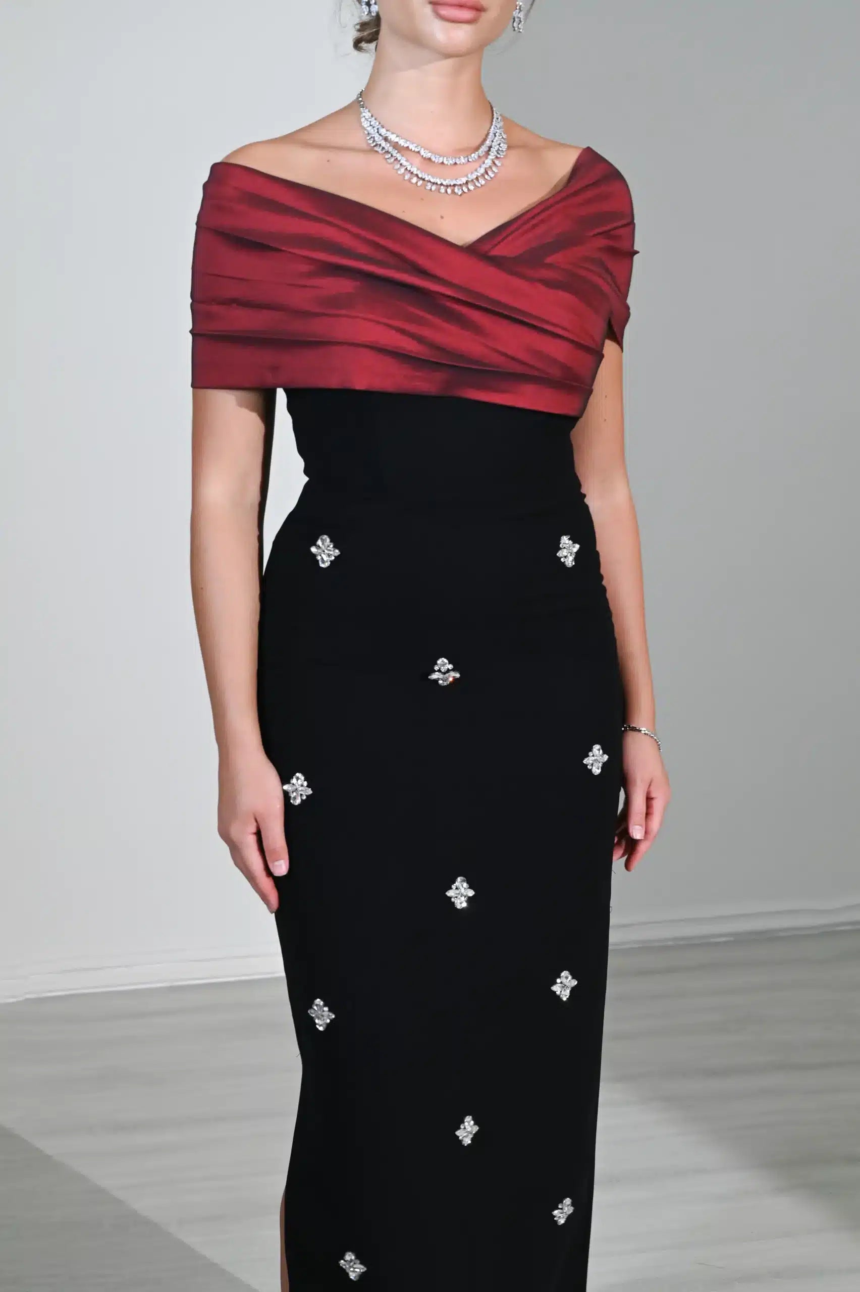 Draped Cross Bust Beaded Crepe Dress