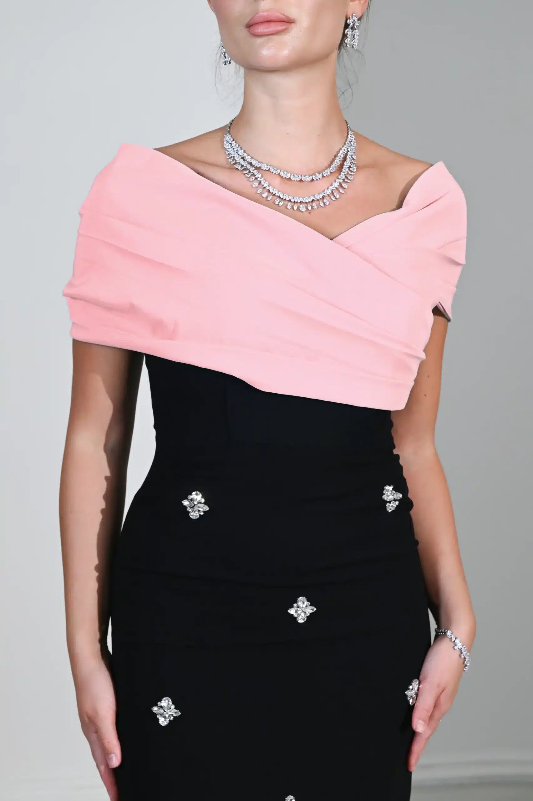 Draped Cross Bust Beaded Crepe Dress