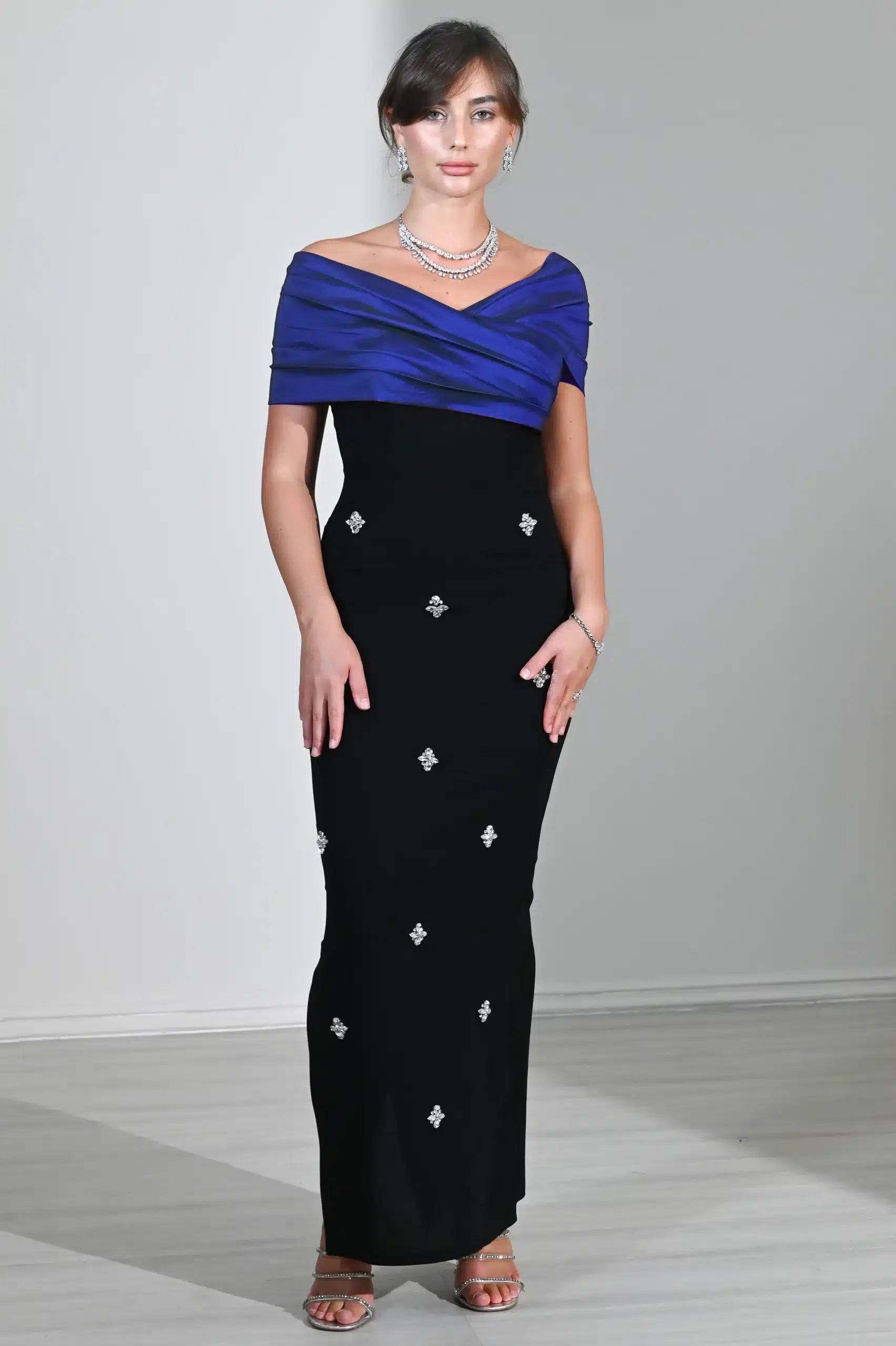 Draped Cross Bust Beaded Crepe Dress