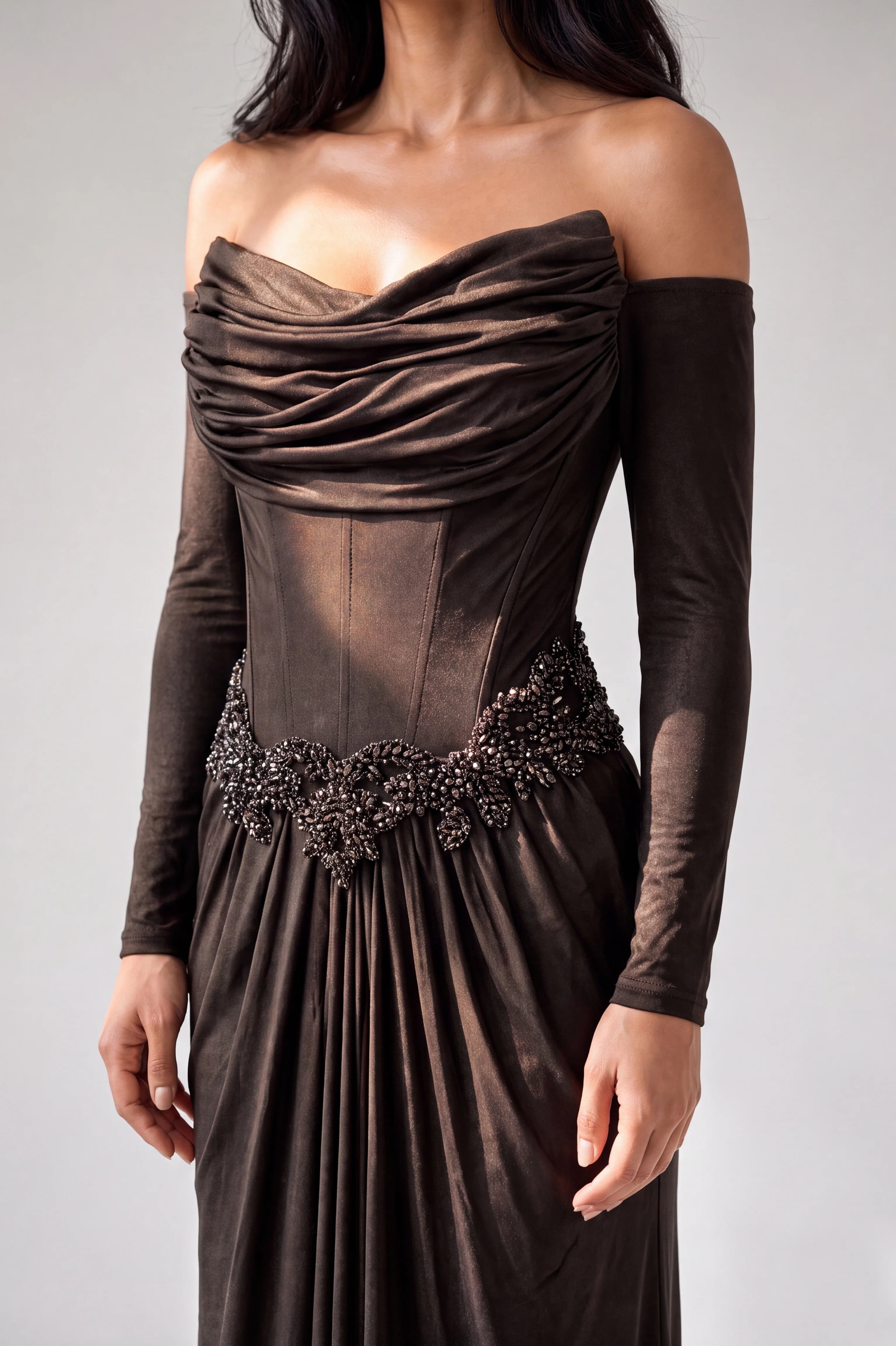 Draped Bust Embellished Corset Jersey Dress