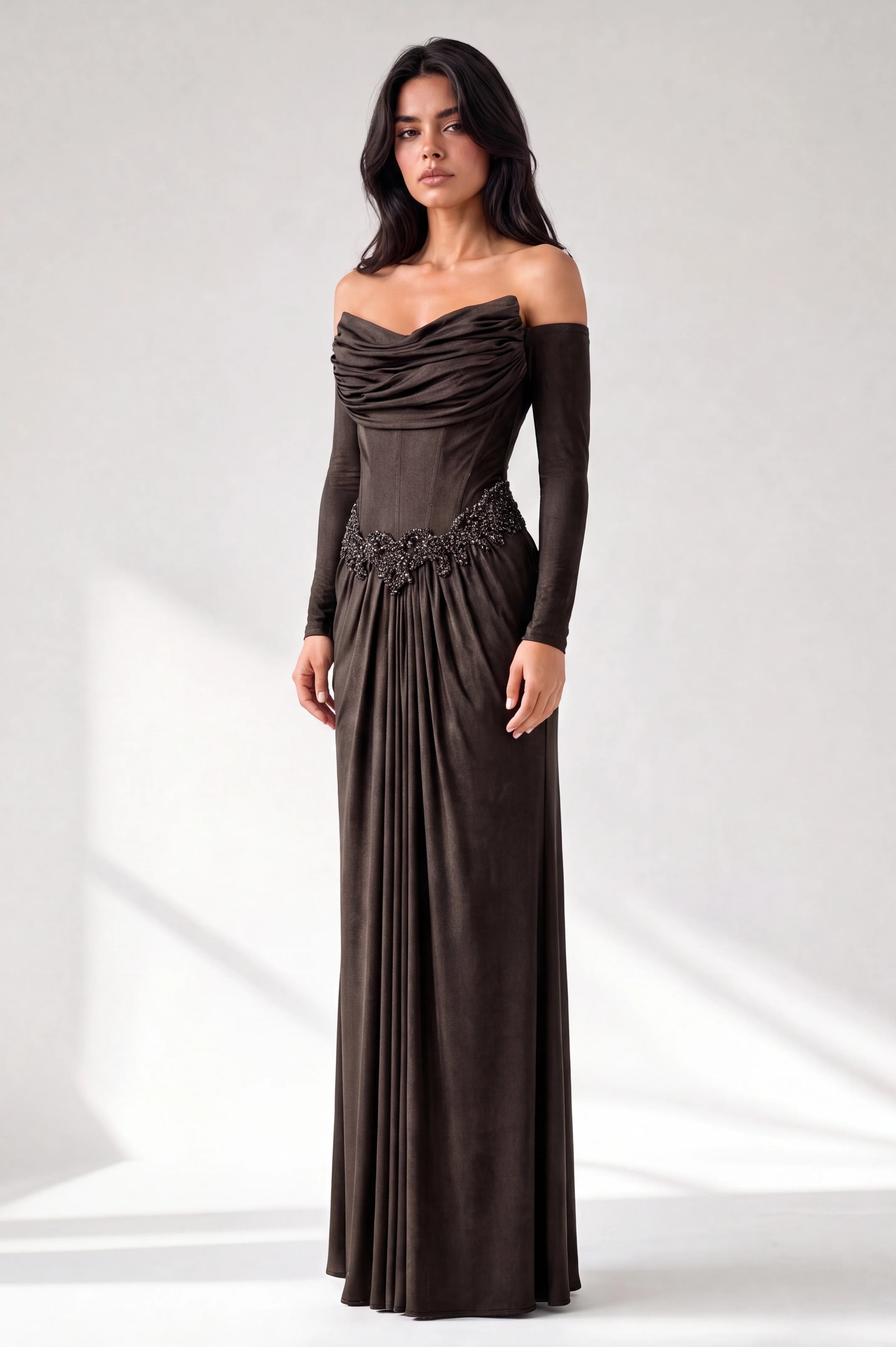 Draped Bust Embellished Corset Jersey Dress