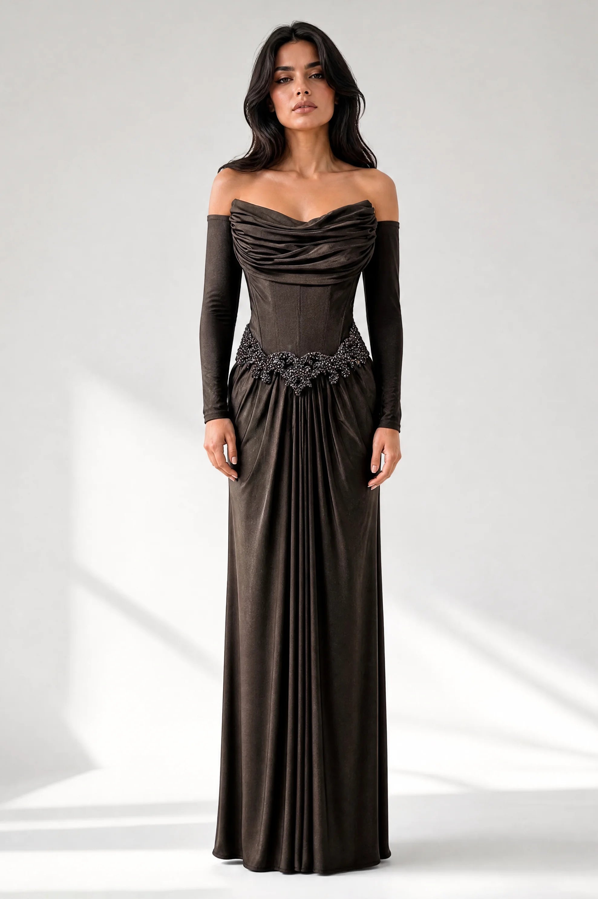 Draped Bust Embellished Corset Jersey Dress
