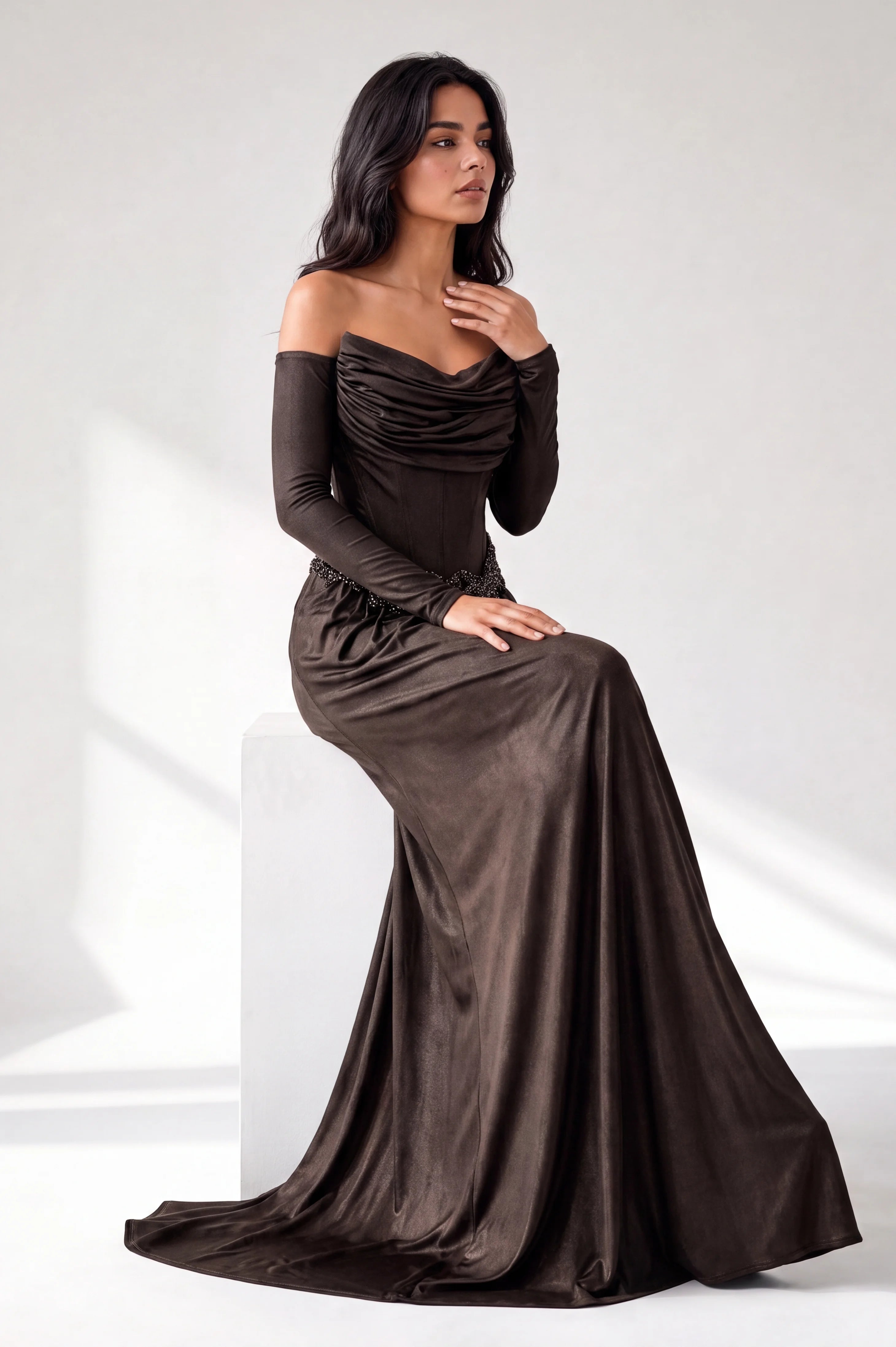 Draped Bust Embellished Corset Jersey Dress
