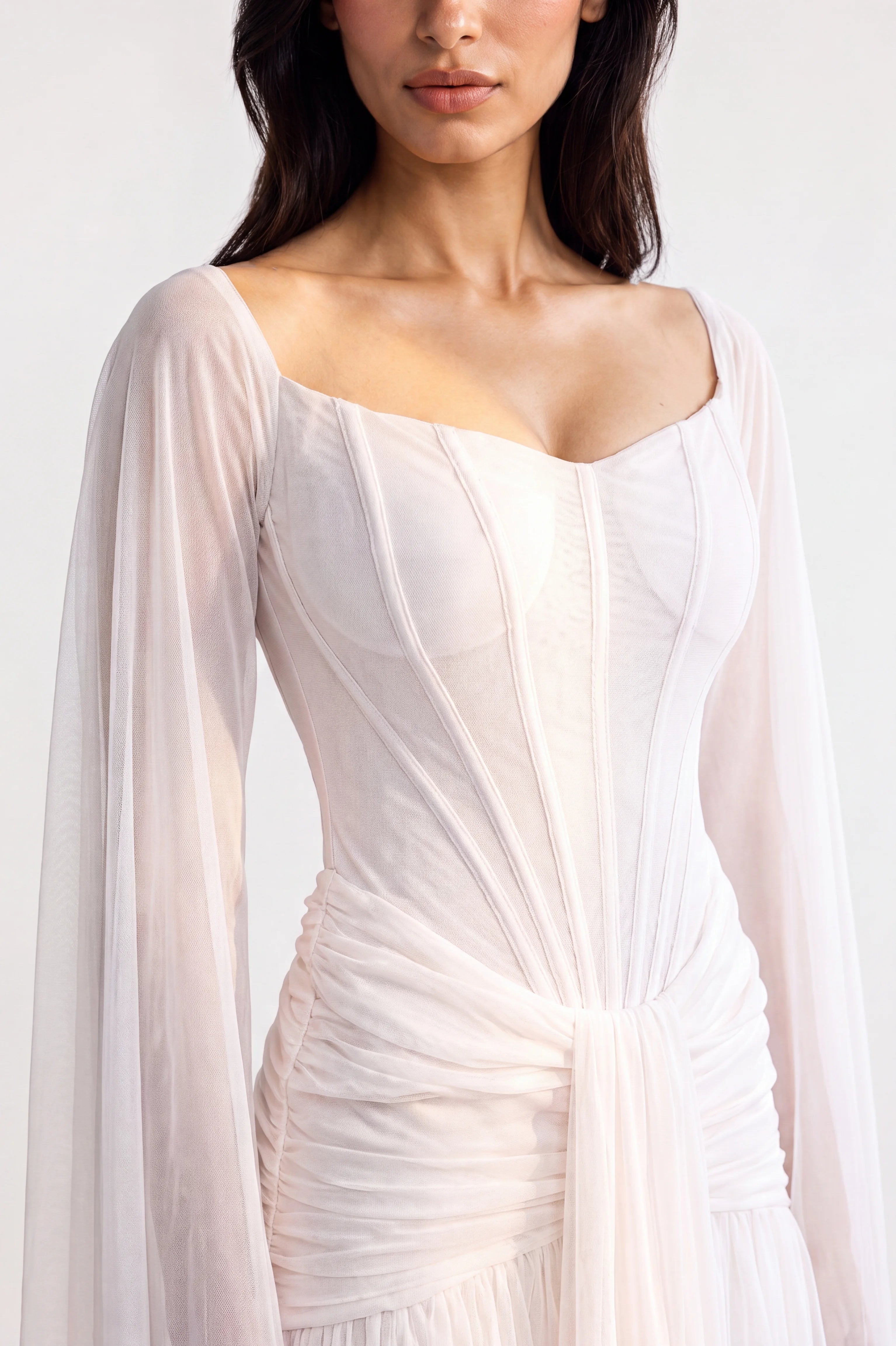 Draped Hipline Corset Off Shoulder Tulle Dress