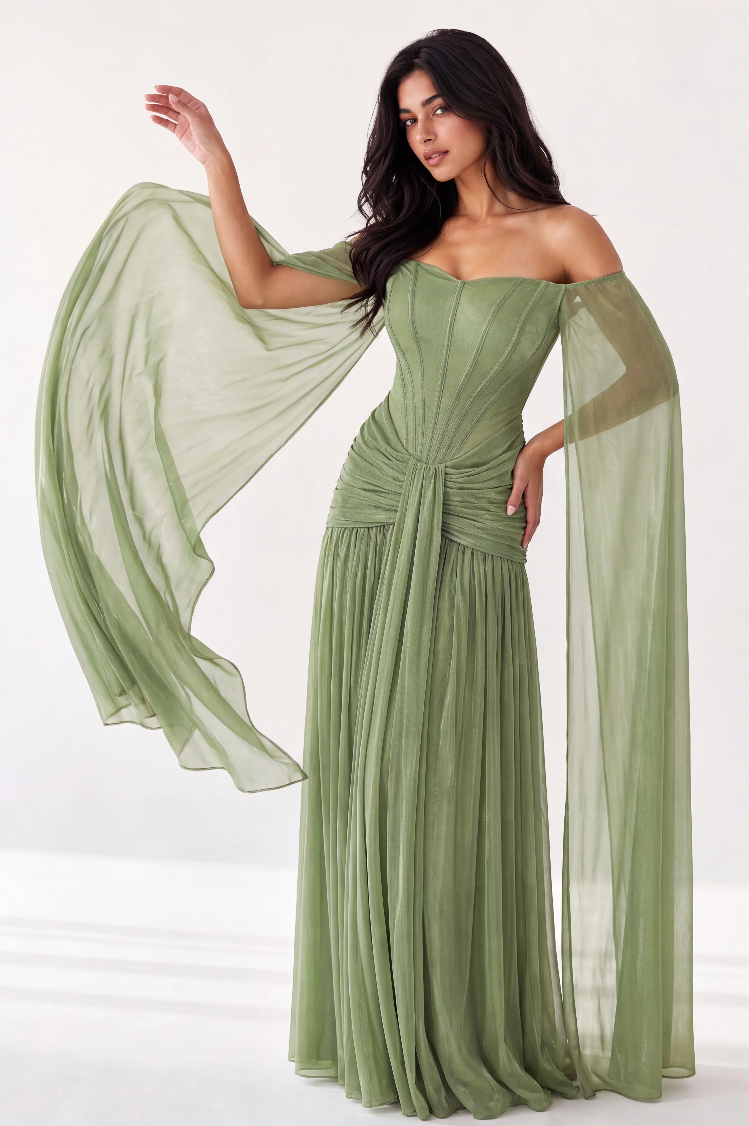Draped Hipline Corset Off Shoulder Tulle Dress