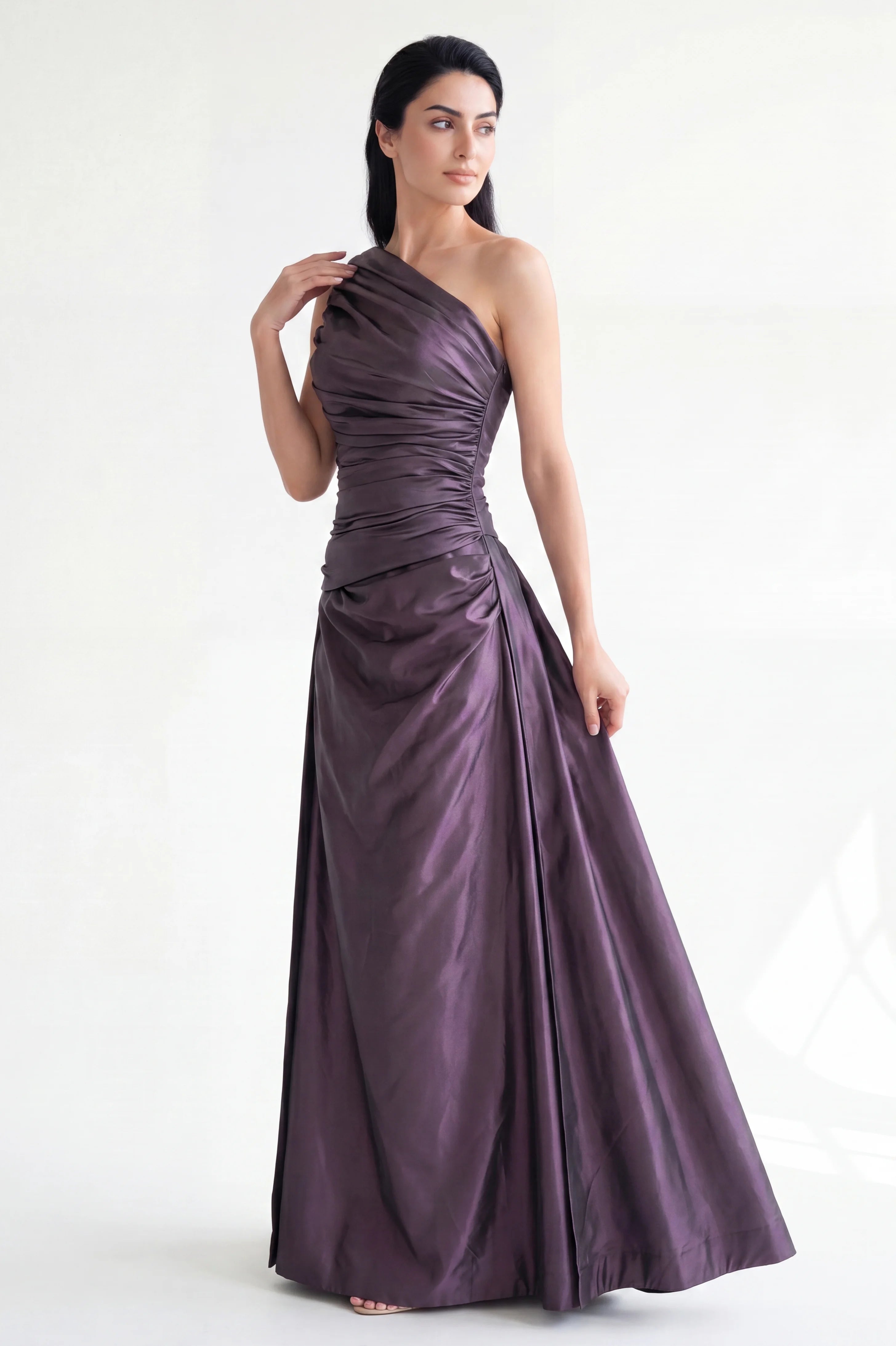 Draped One Shoulder Taffeta Dress