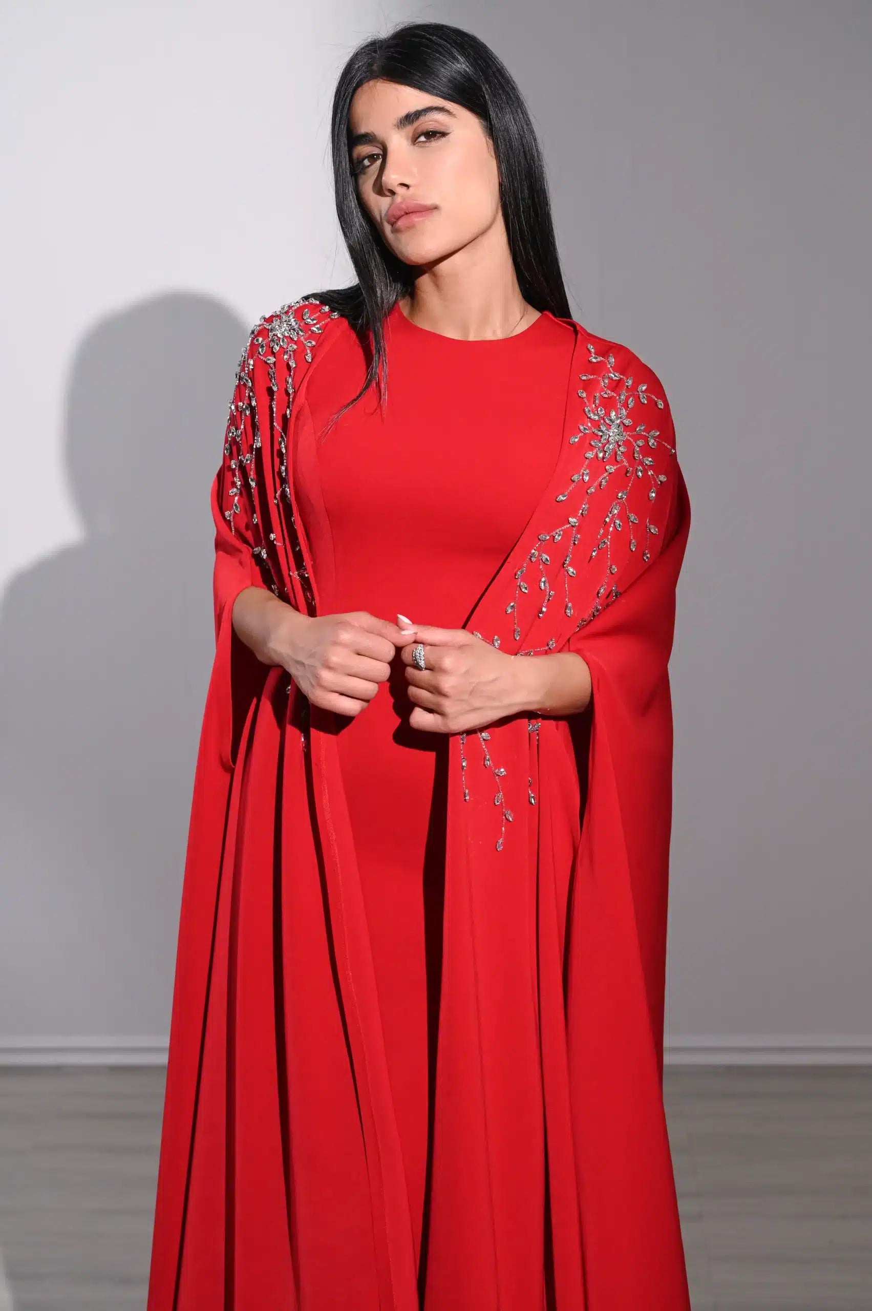 Embellished Cape 2 PCS Crepe Dress