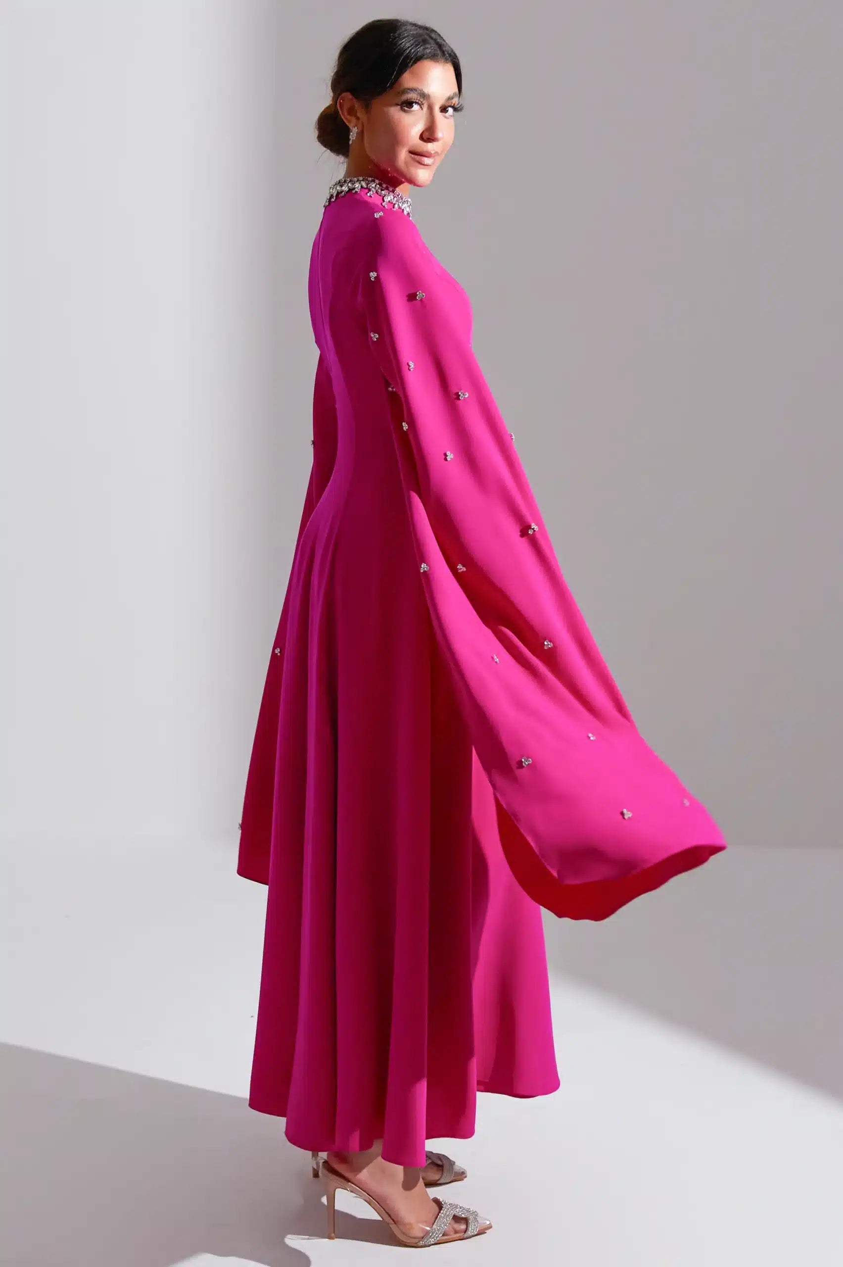 Embellished Neck A-Line Long Sleeves Crepe Dress