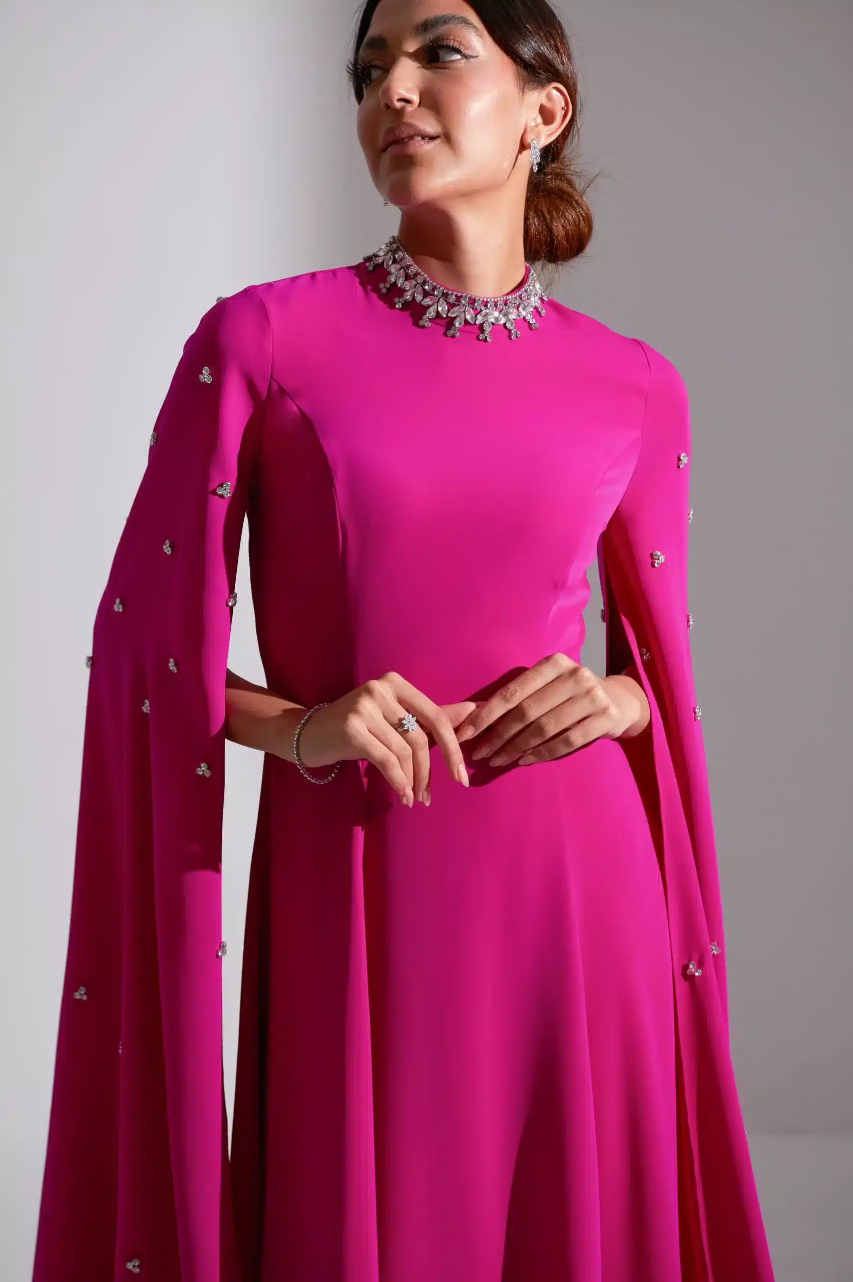 Embellished Neck A-Line Long Sleeves Crepe Dress
