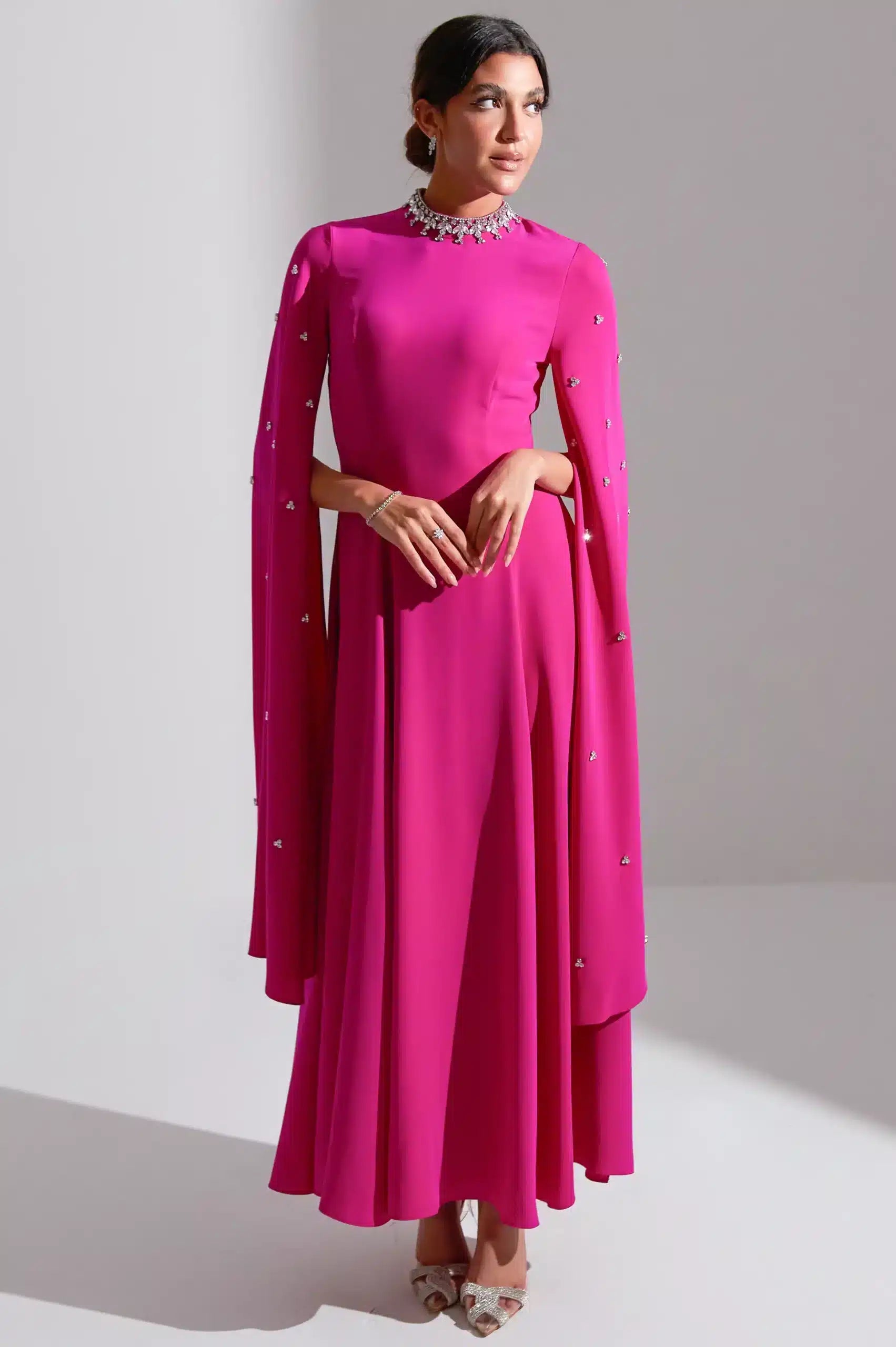 Embellished Neck A-Line Long Sleeves Crepe Dress