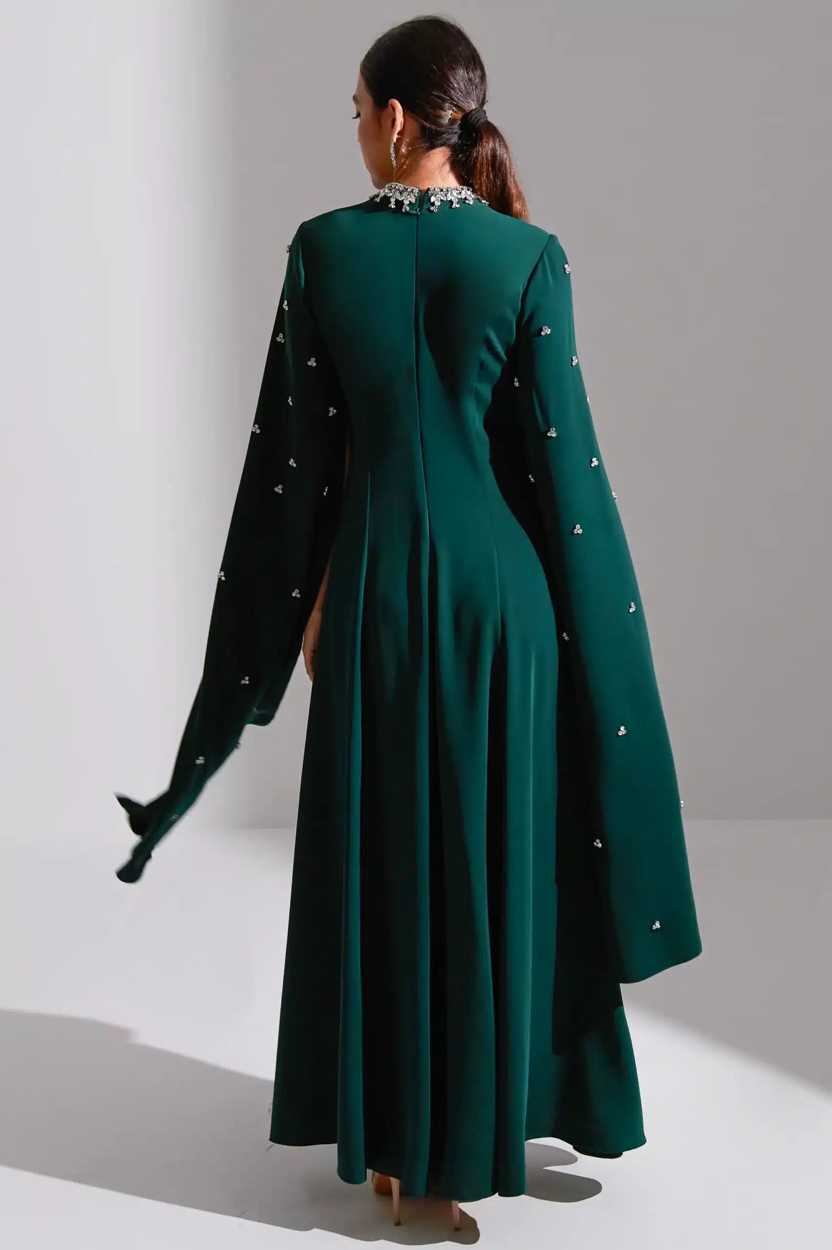 Embellished Neck A-Line Long Sleeves Crepe Dress