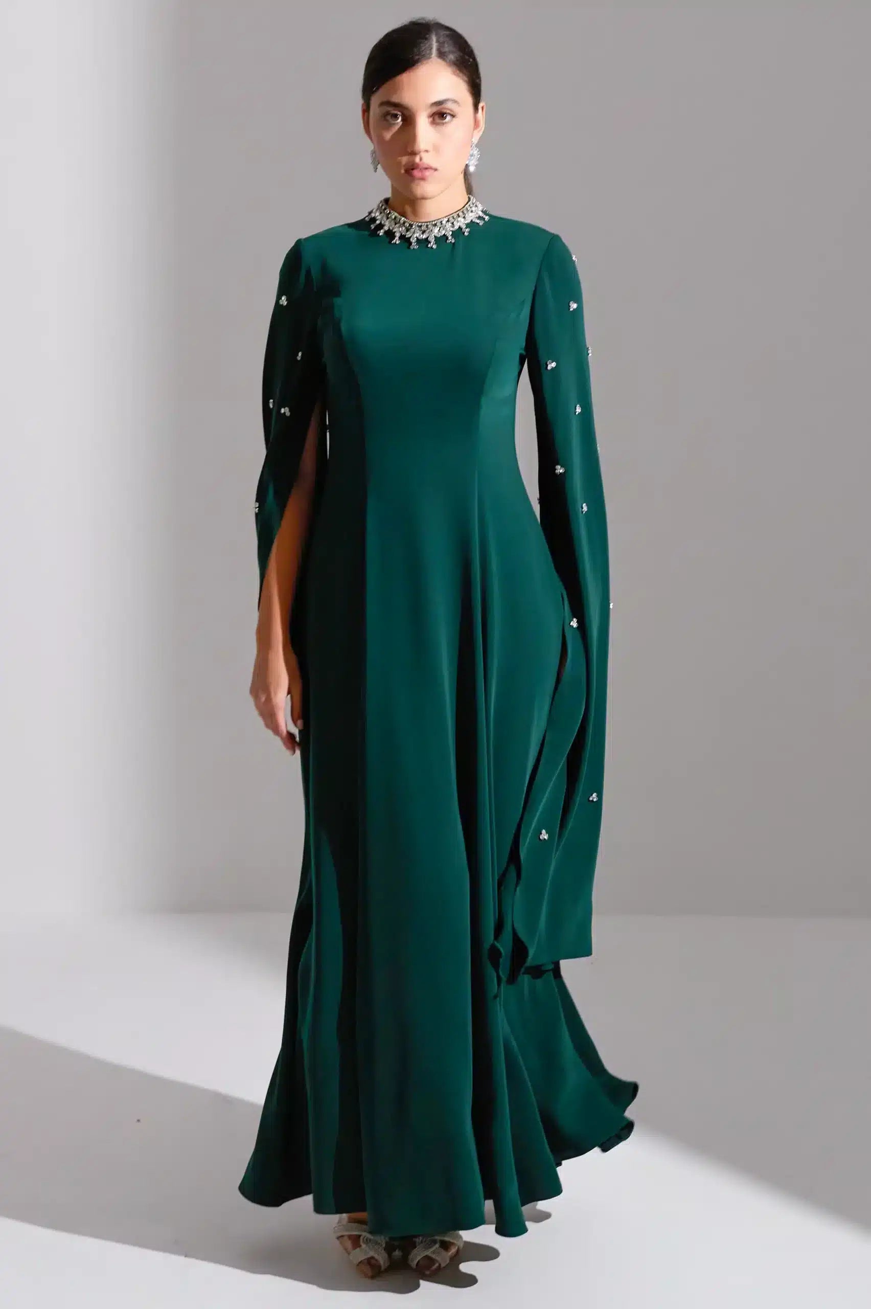 Embellished Neck A-Line Long Sleeves Crepe Dress