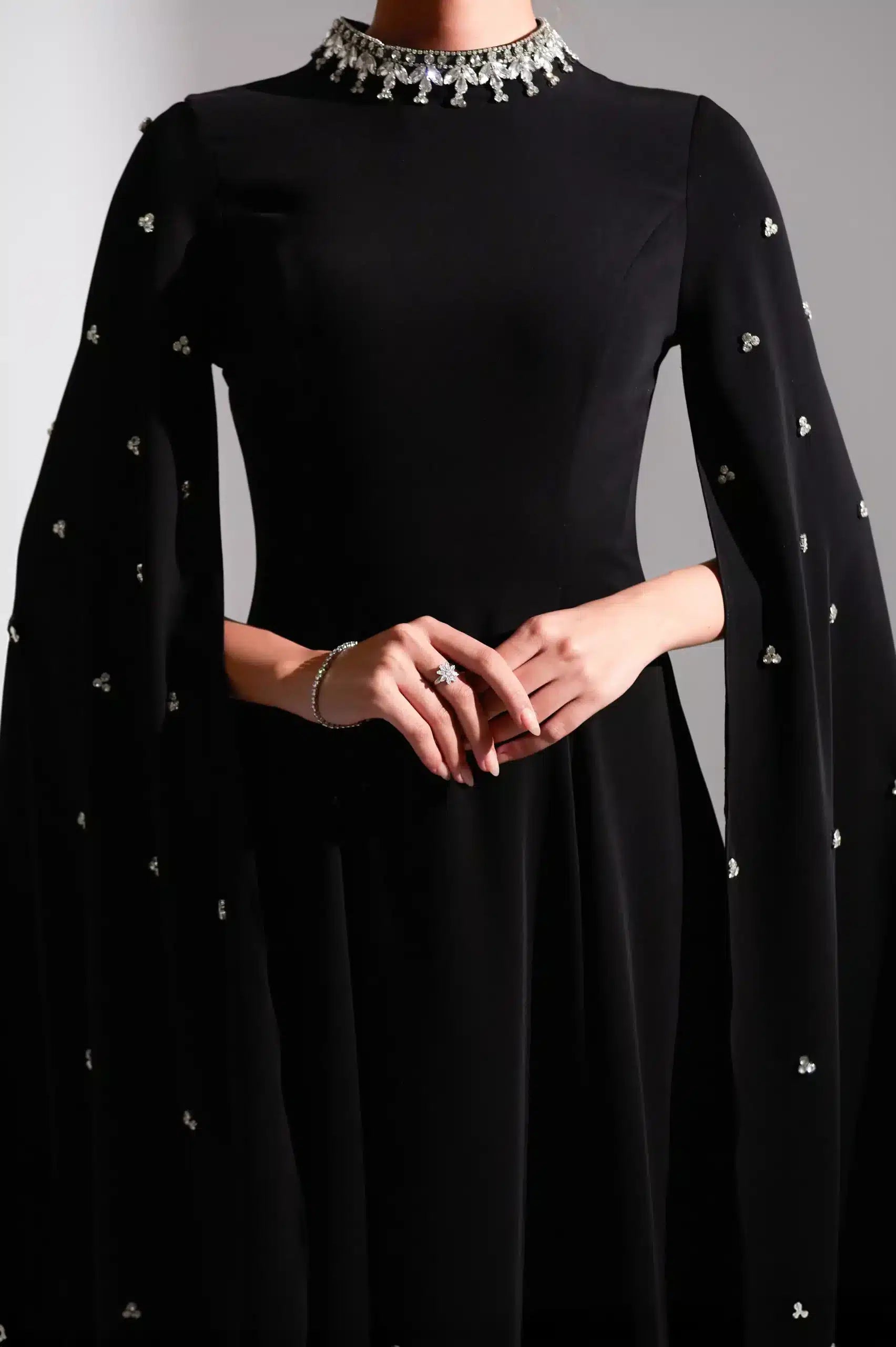 Embellished Neck A-Line Long Sleeves Crepe Dress
