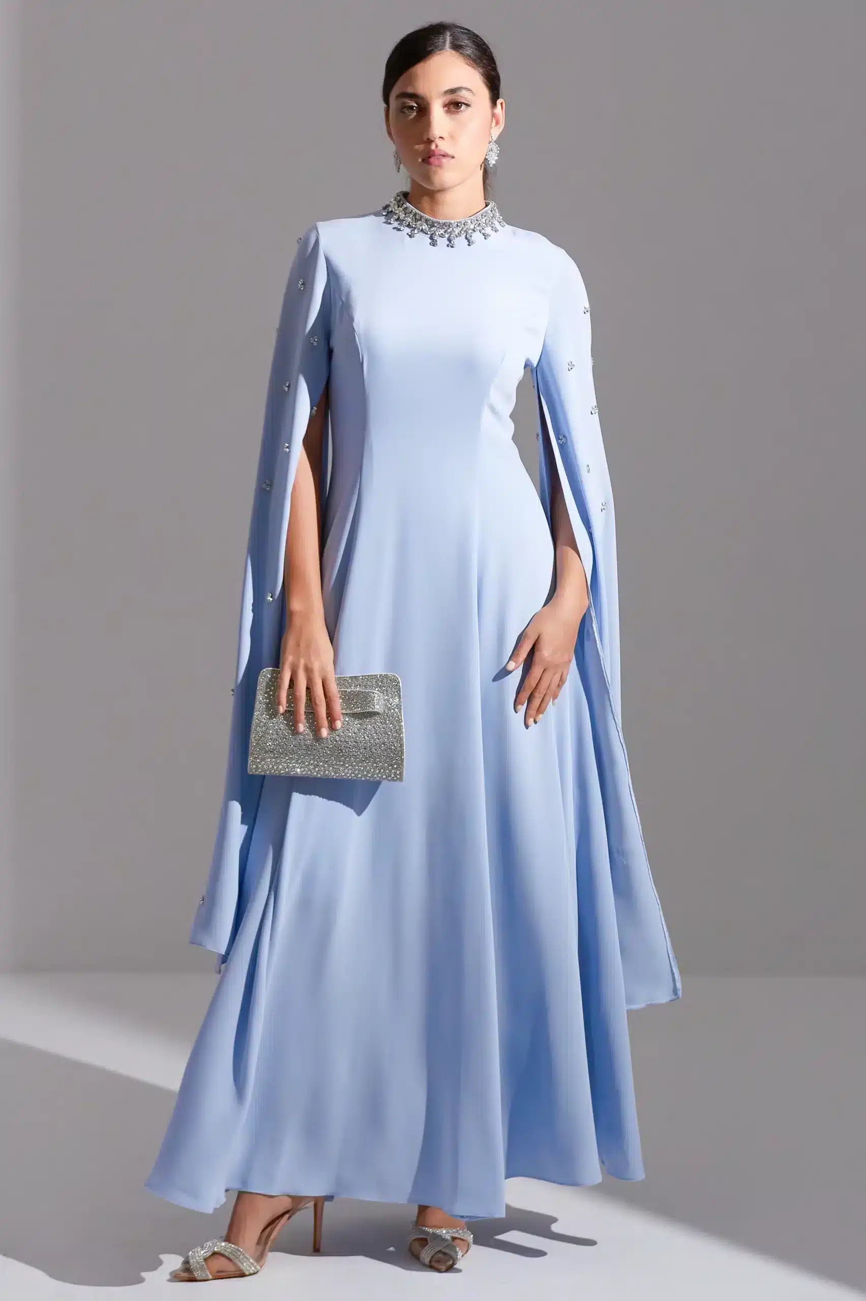 Embellished Neck A-Line Long Sleeves Crepe Dress
