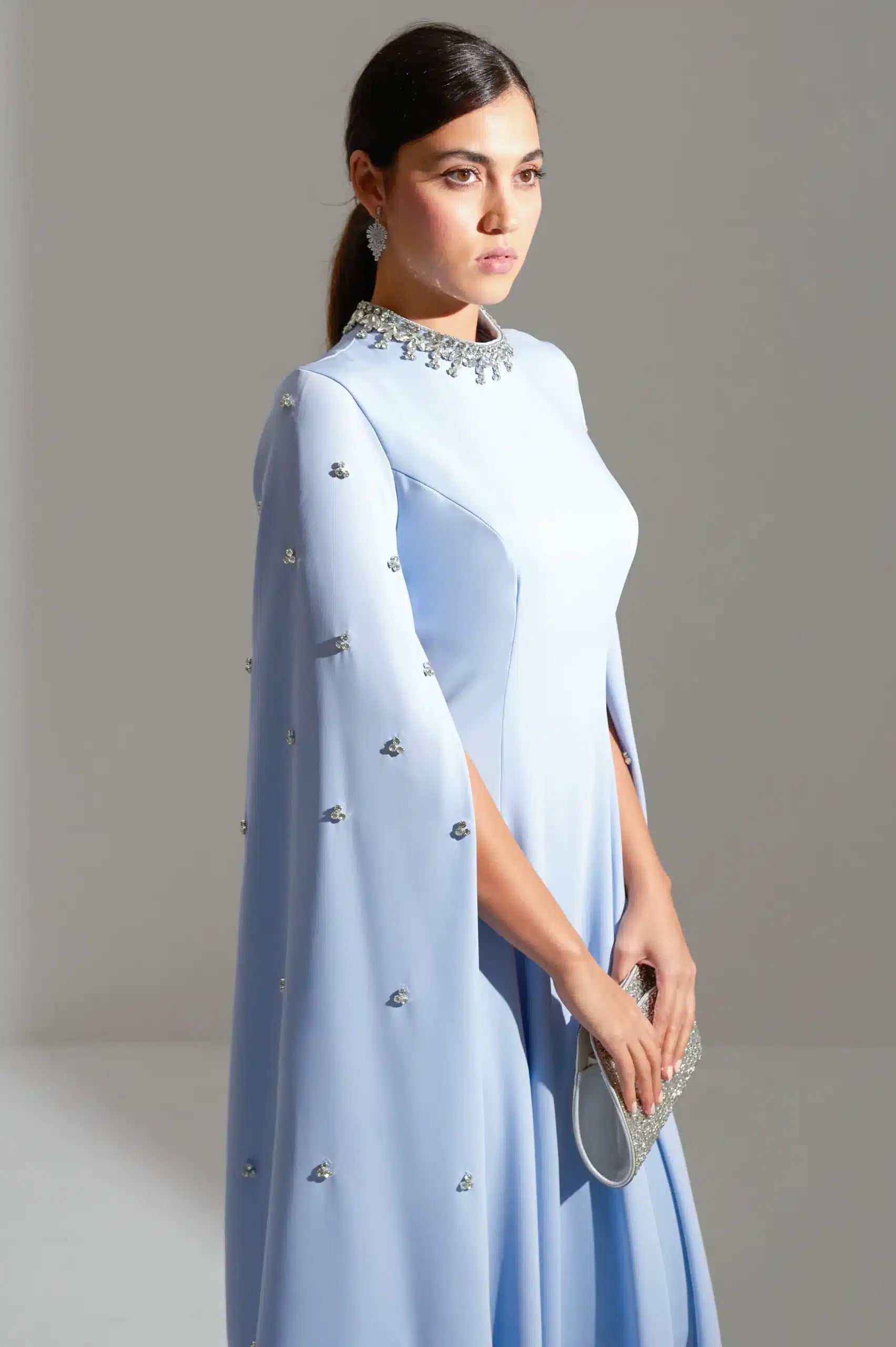 Embellished Neck A-Line Long Sleeves Crepe Dress