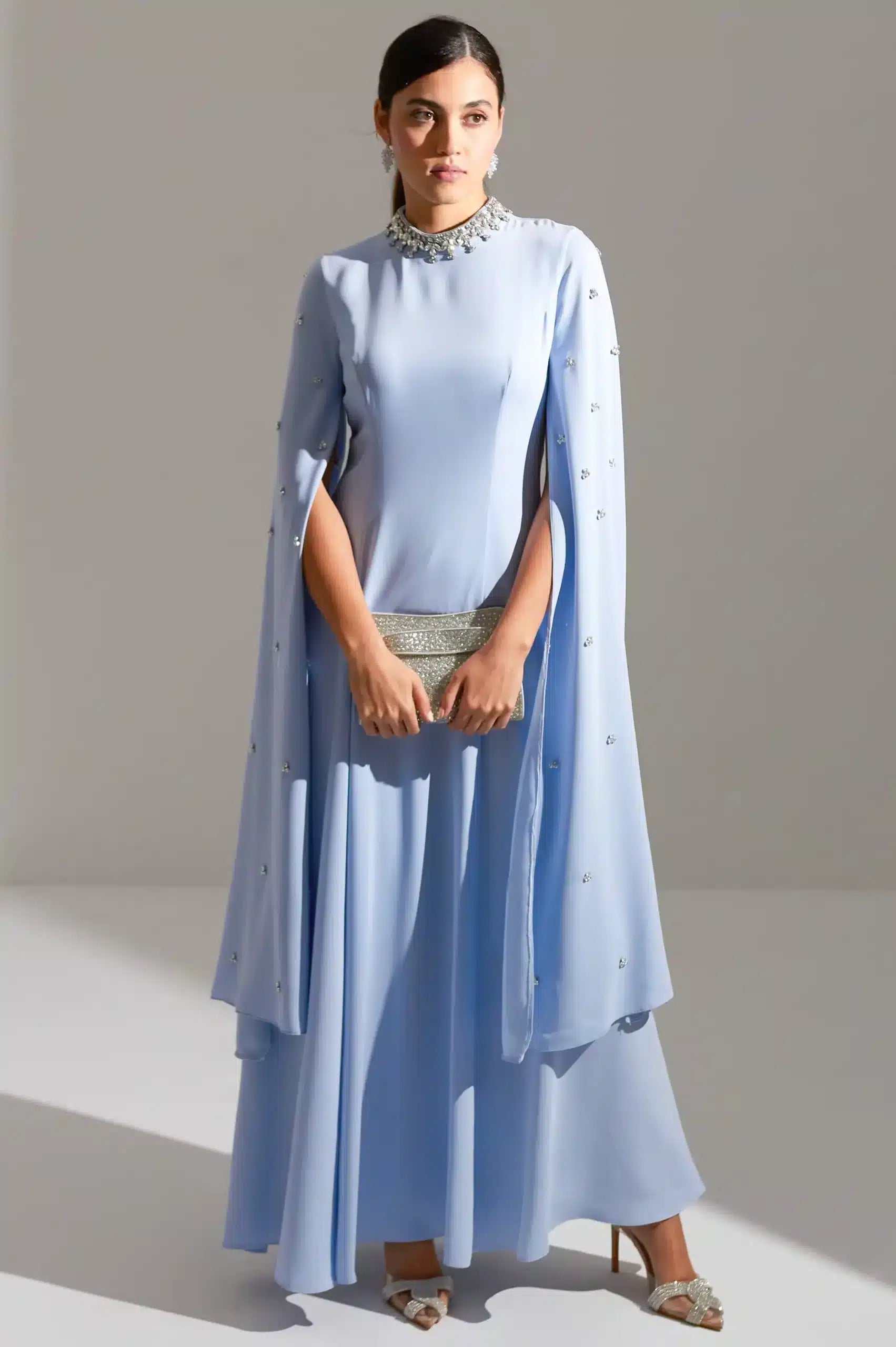 Embellished Neck A-Line Long Sleeves Crepe Dress