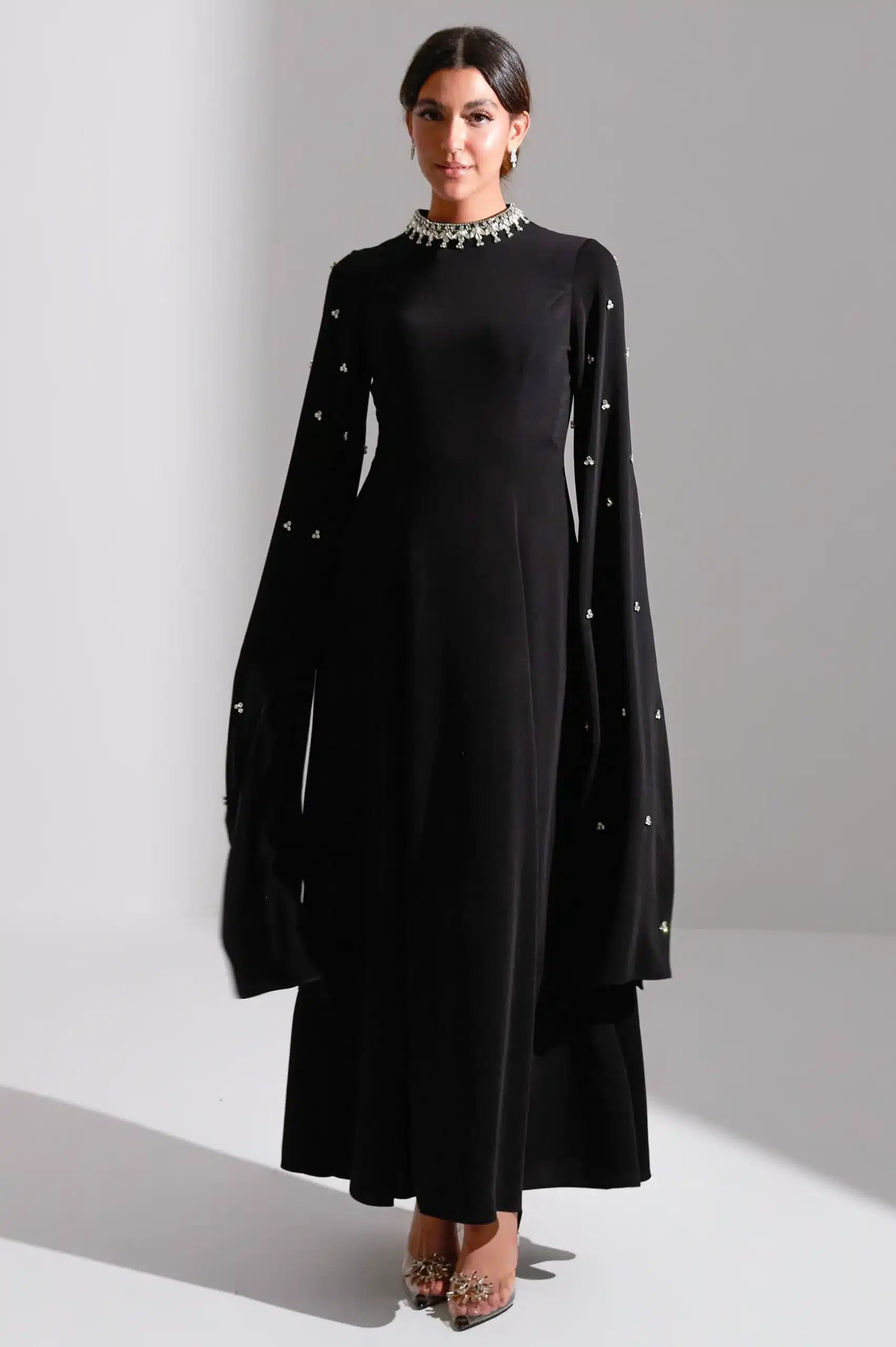 Embellished Neck A-Line Long Sleeves Crepe Dress