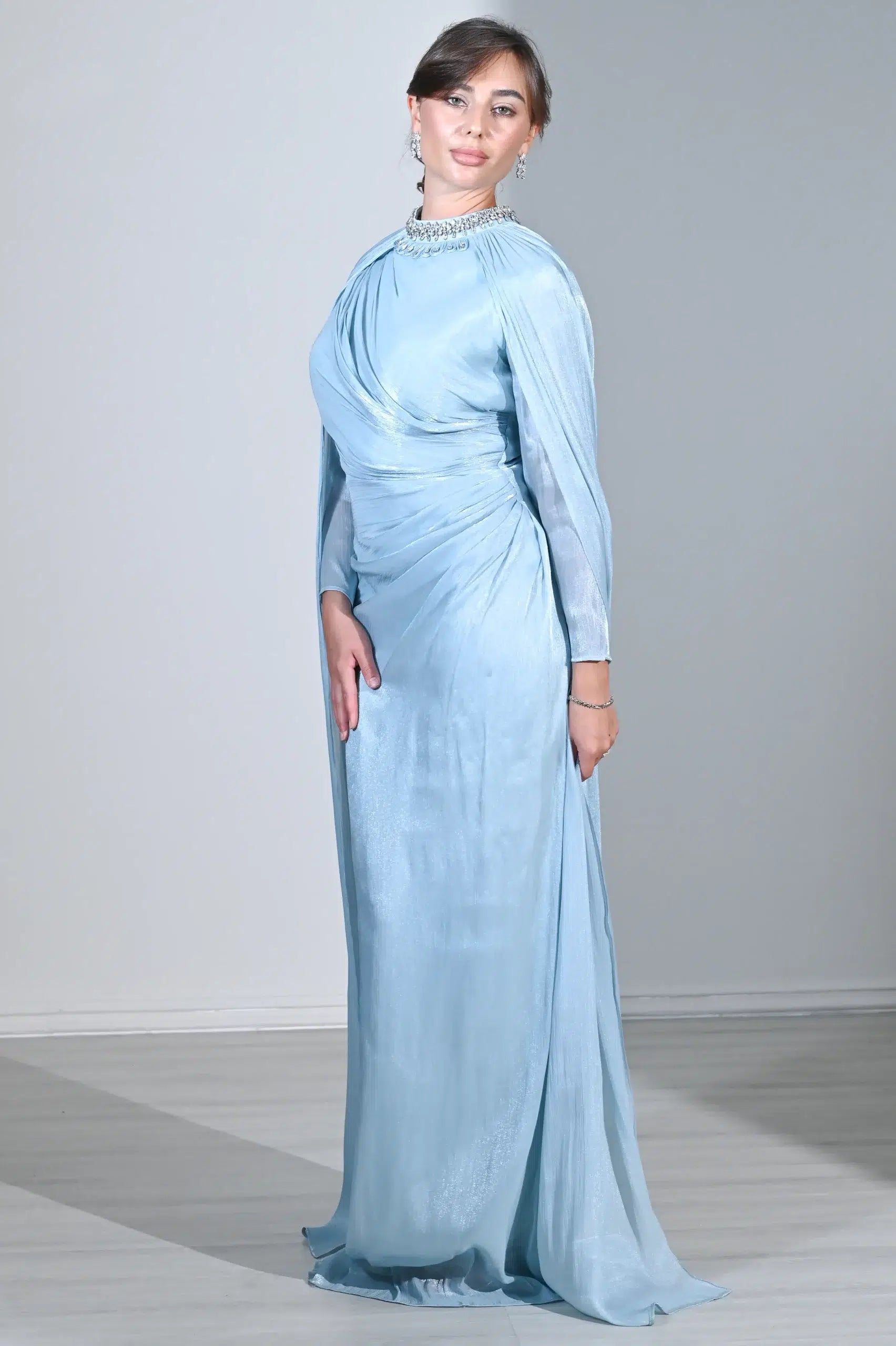 Embellished Neck Gathered Organza Dress